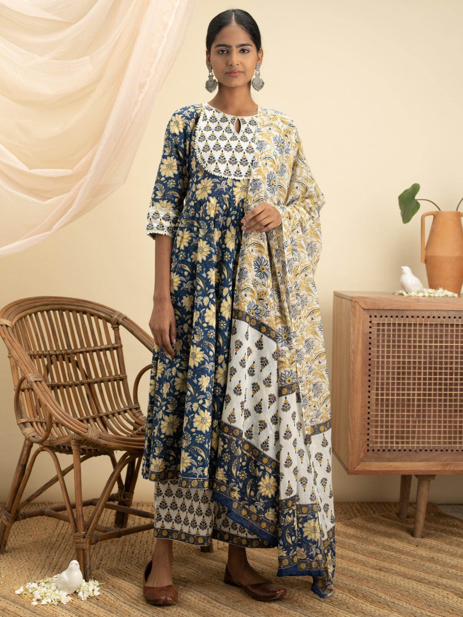 Blue Printed Cotton Suit Set