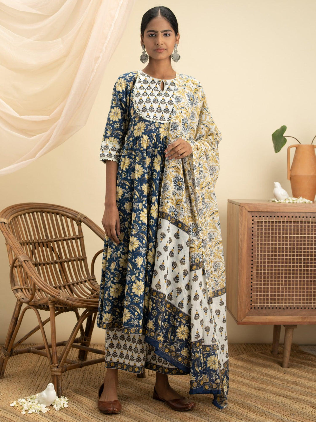 Blue Printed Cotton Suit Set - ShopLibas