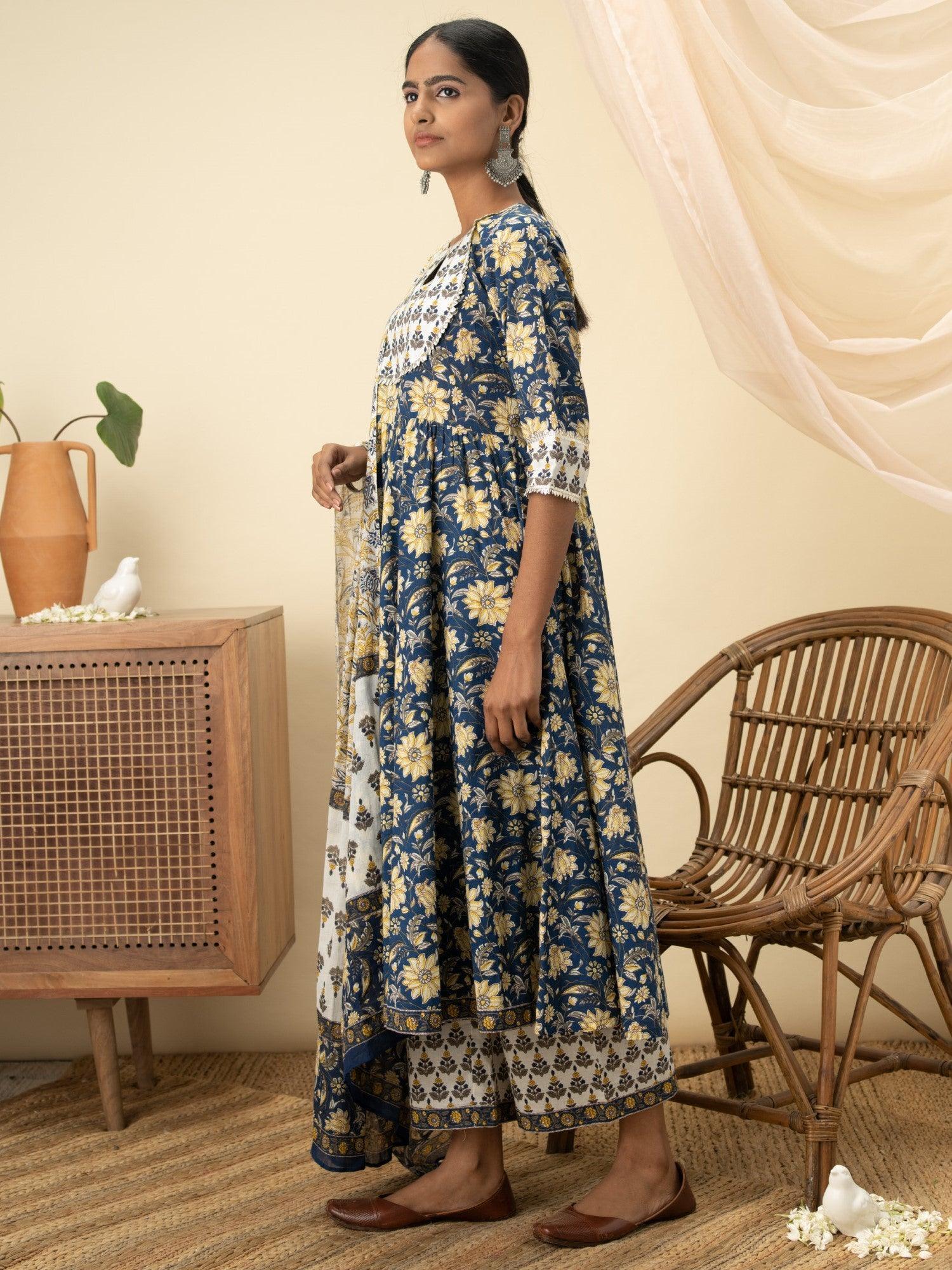 Blue Printed Cotton Suit Set