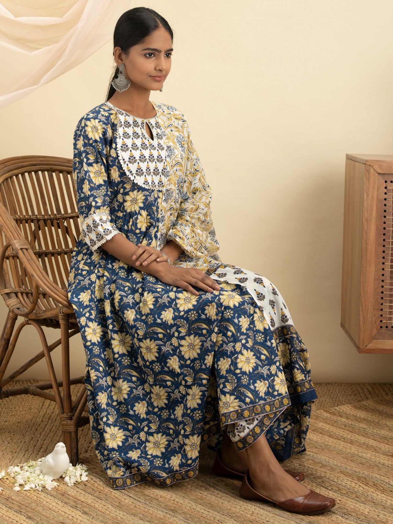 Blue Printed Cotton Suit Set