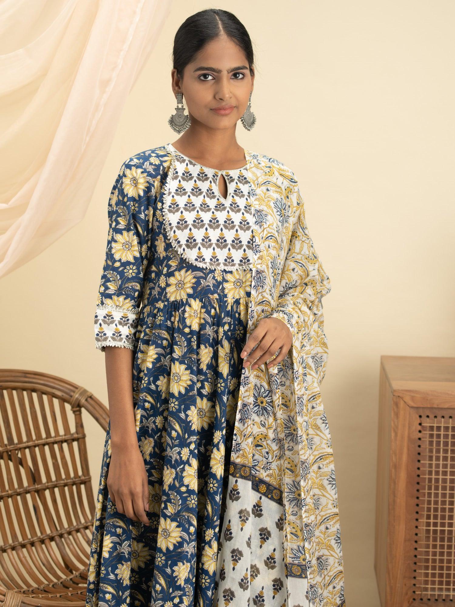 Blue Printed Cotton Suit Set