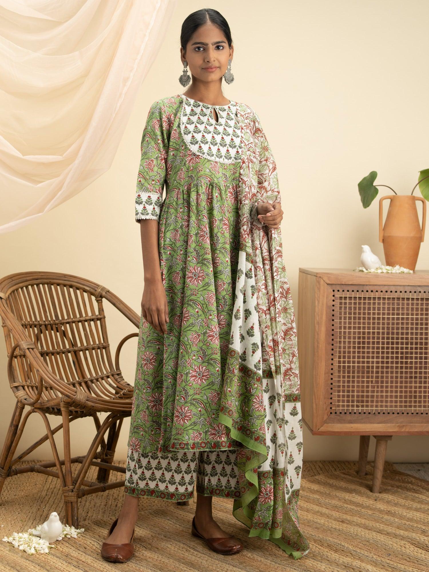 Green Printed Cotton Suit Set