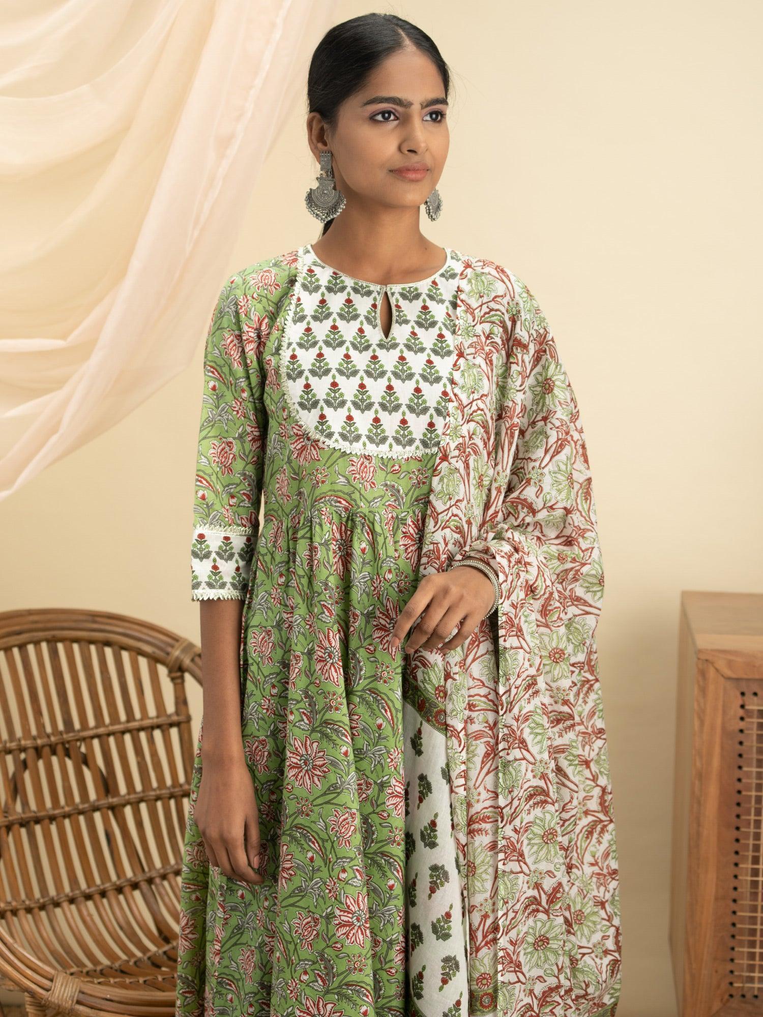 Green Printed Cotton Suit Set