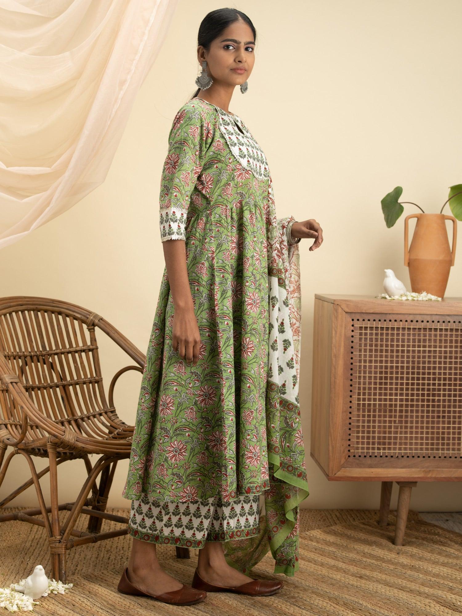 Green Printed Cotton Suit Set