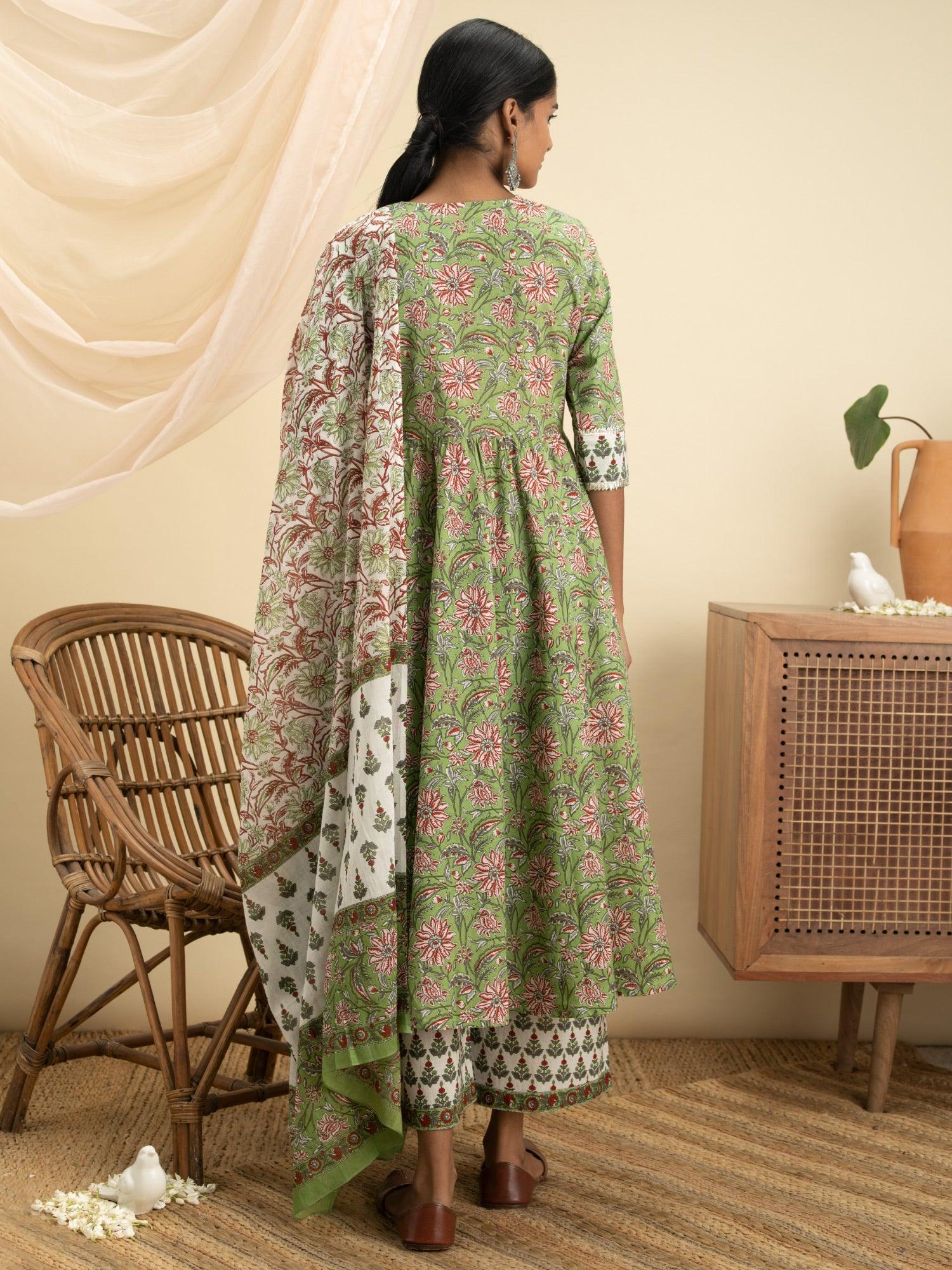 Green Printed Cotton Suit Set