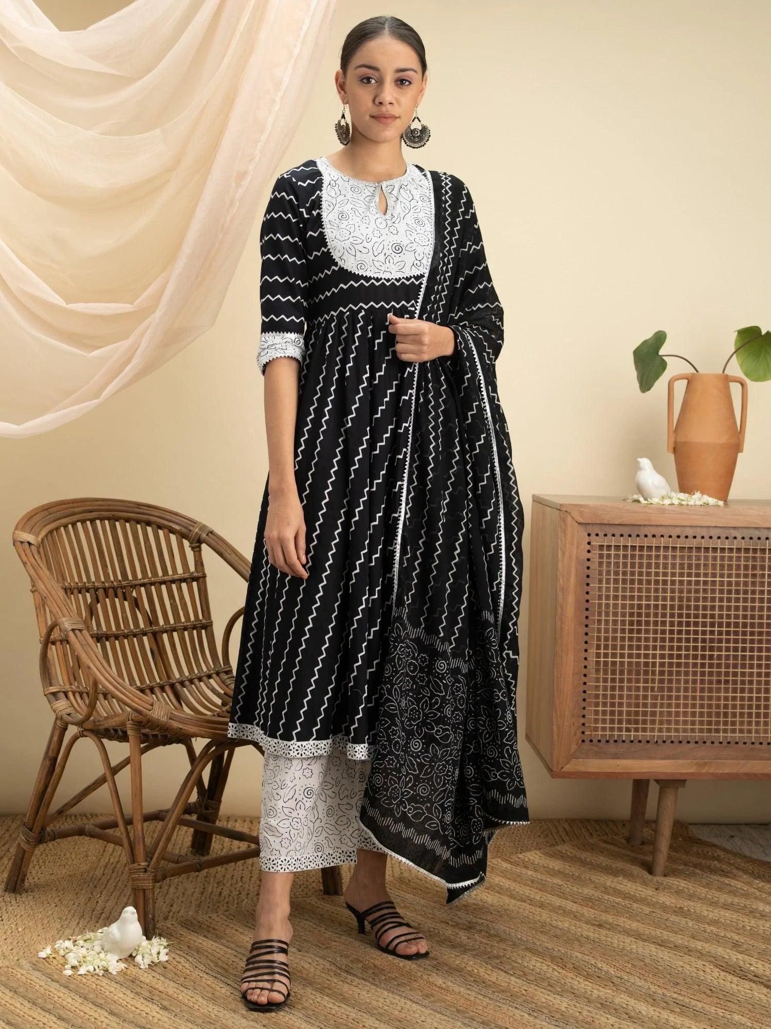 Black Striped Cotton Suit Set