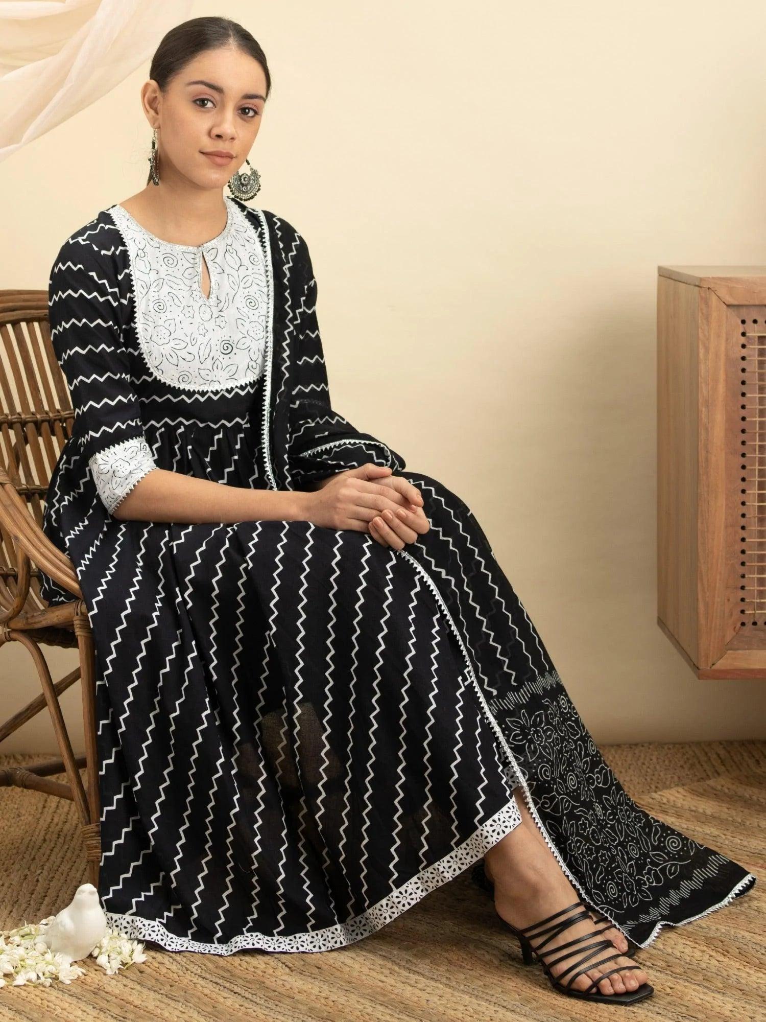 Black Striped Cotton Suit Set