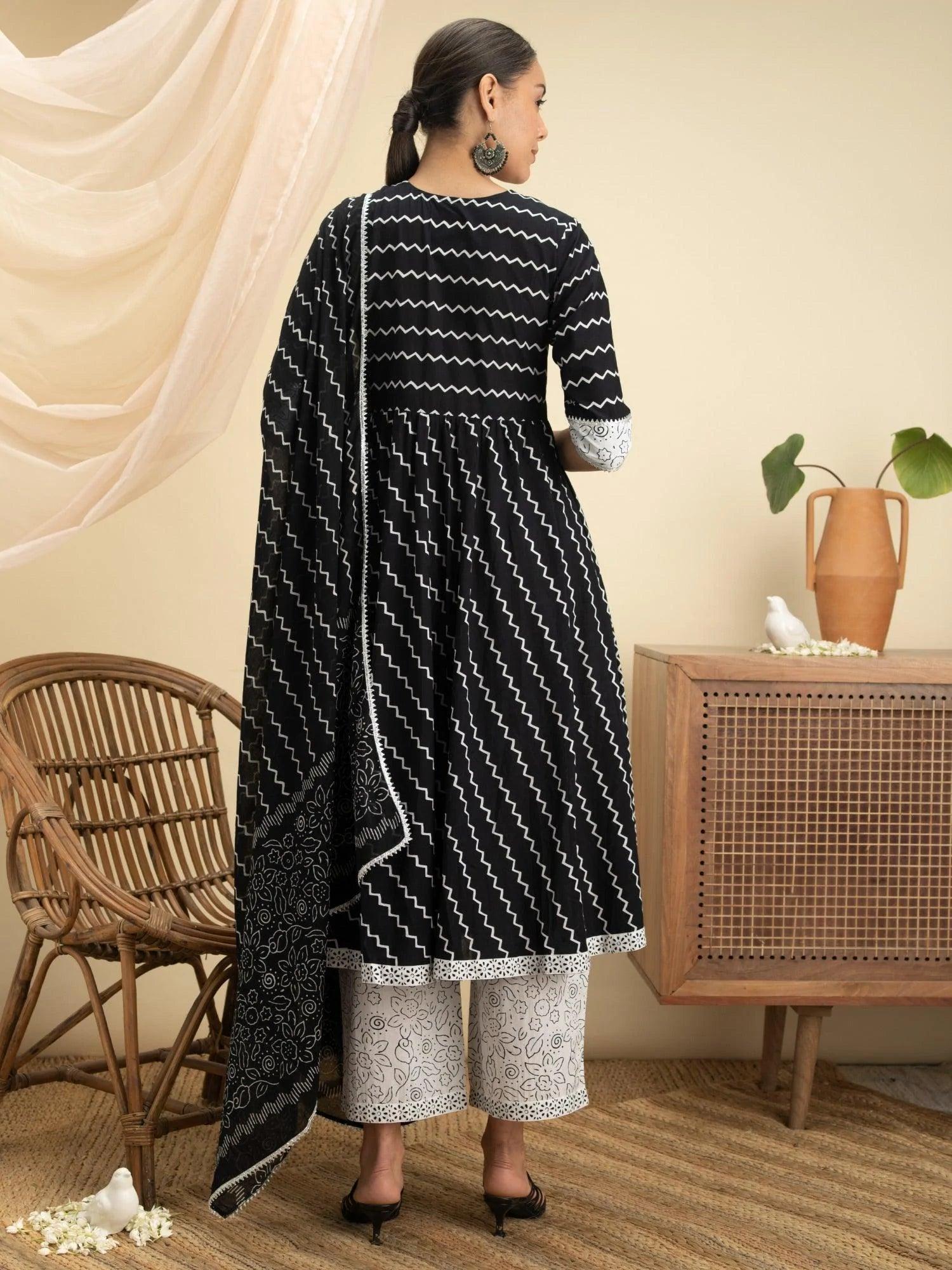 Black Striped Cotton Suit Set