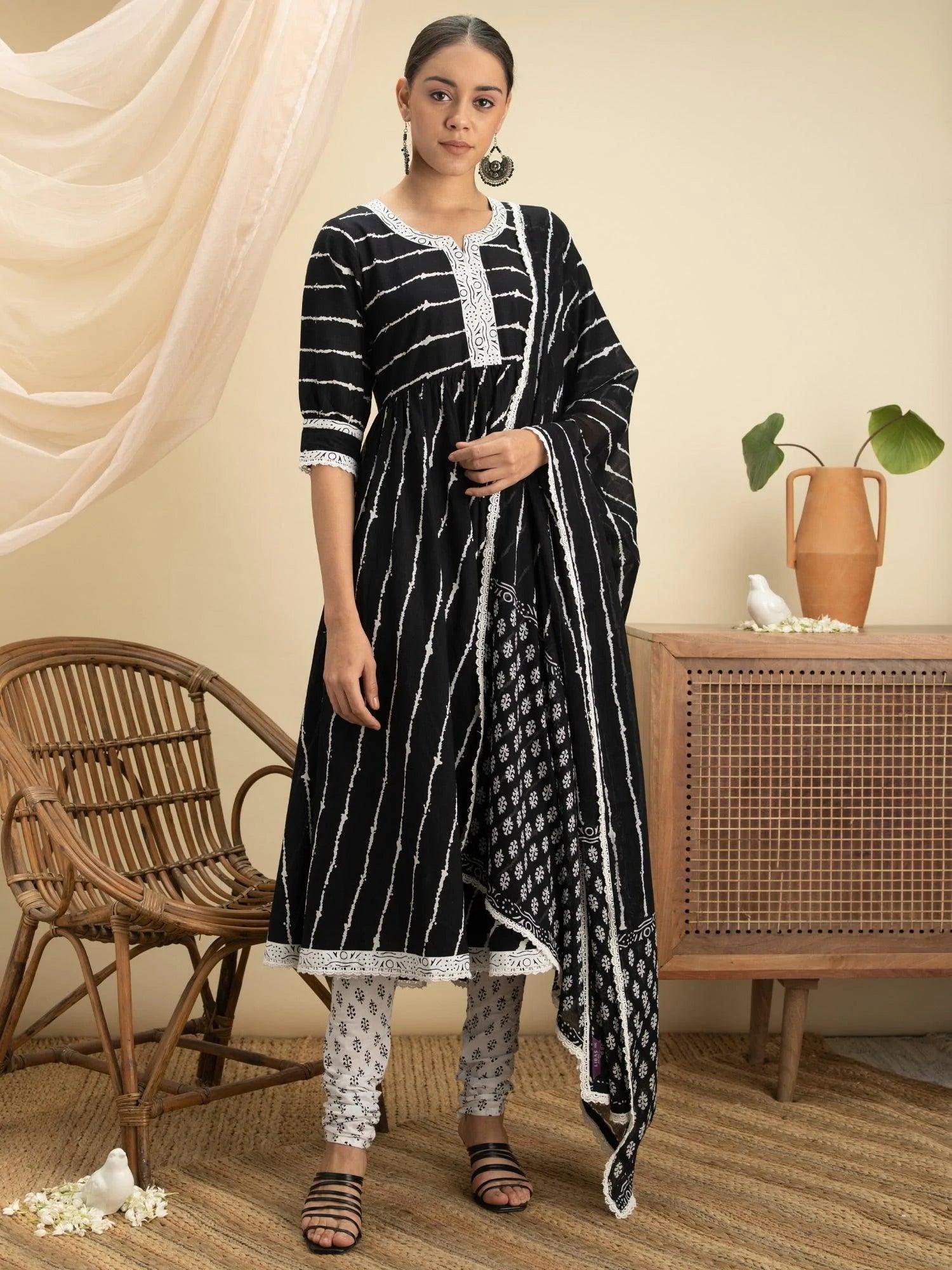 Black Striped Cotton Suit Set