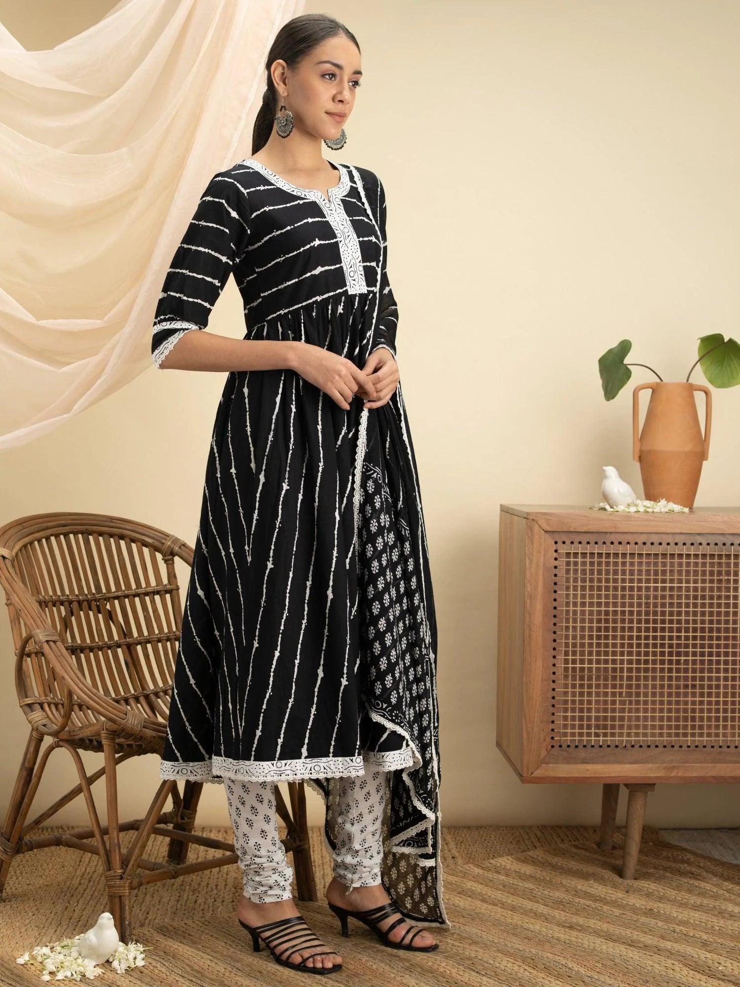 Black Striped Cotton Suit Set