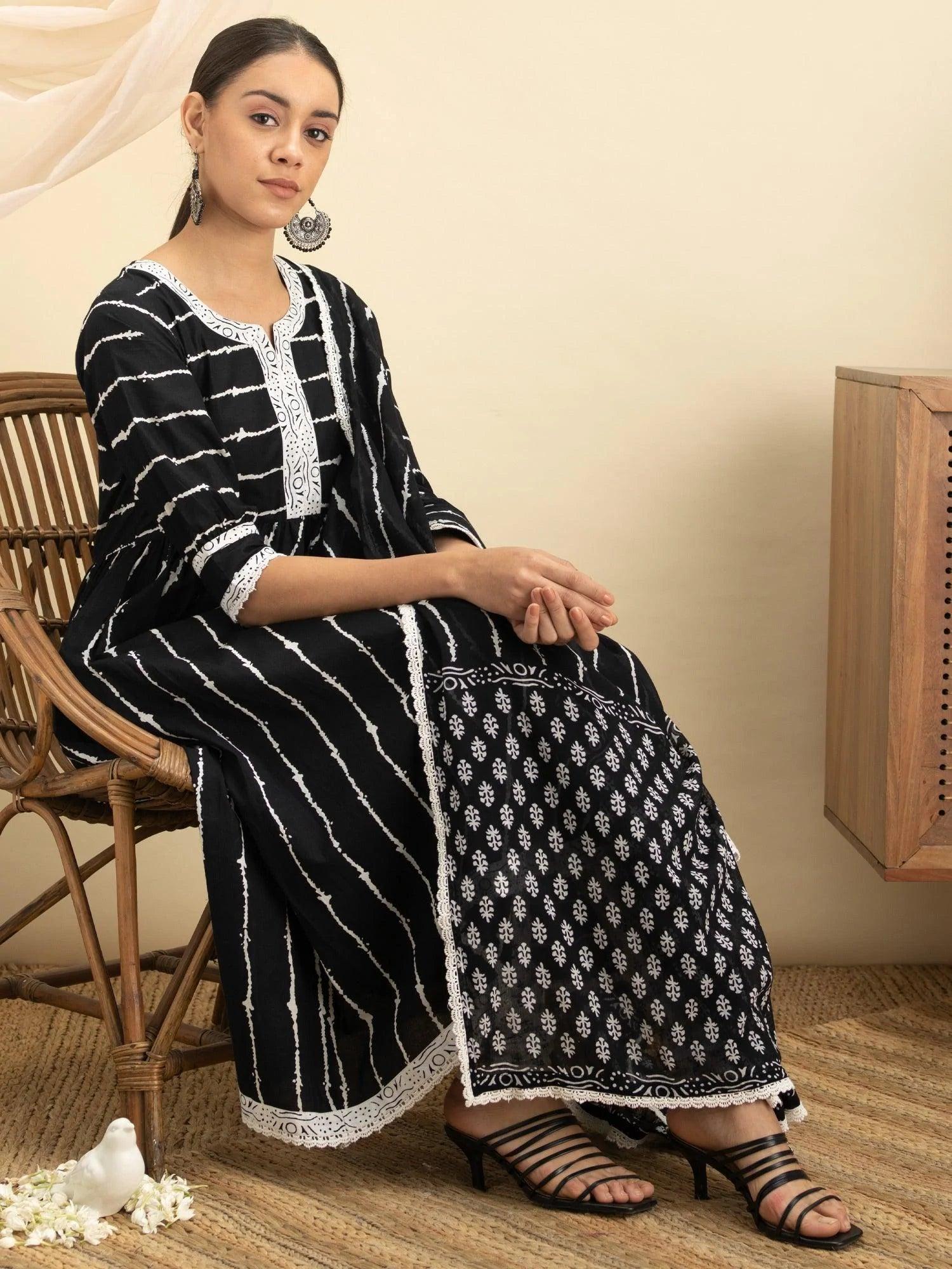 Black Striped Cotton Suit Set