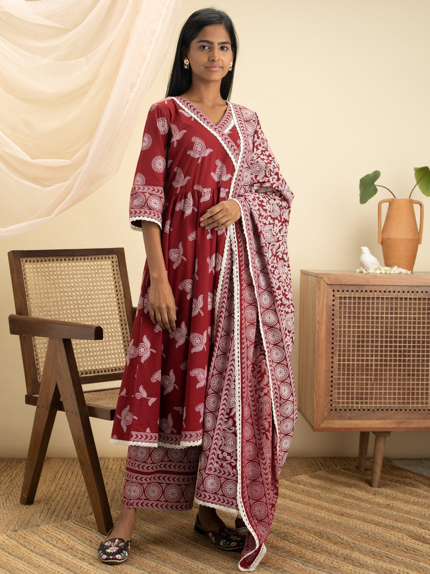 Maroon Printed Cotton Suit Set