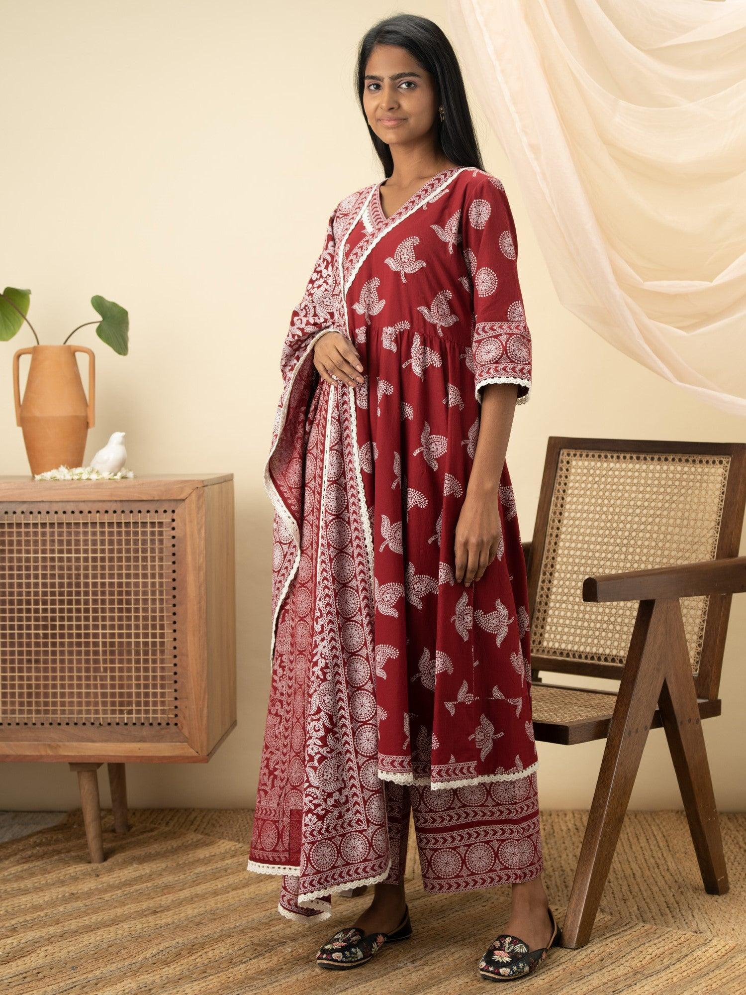 Maroon Printed Cotton Suit Set