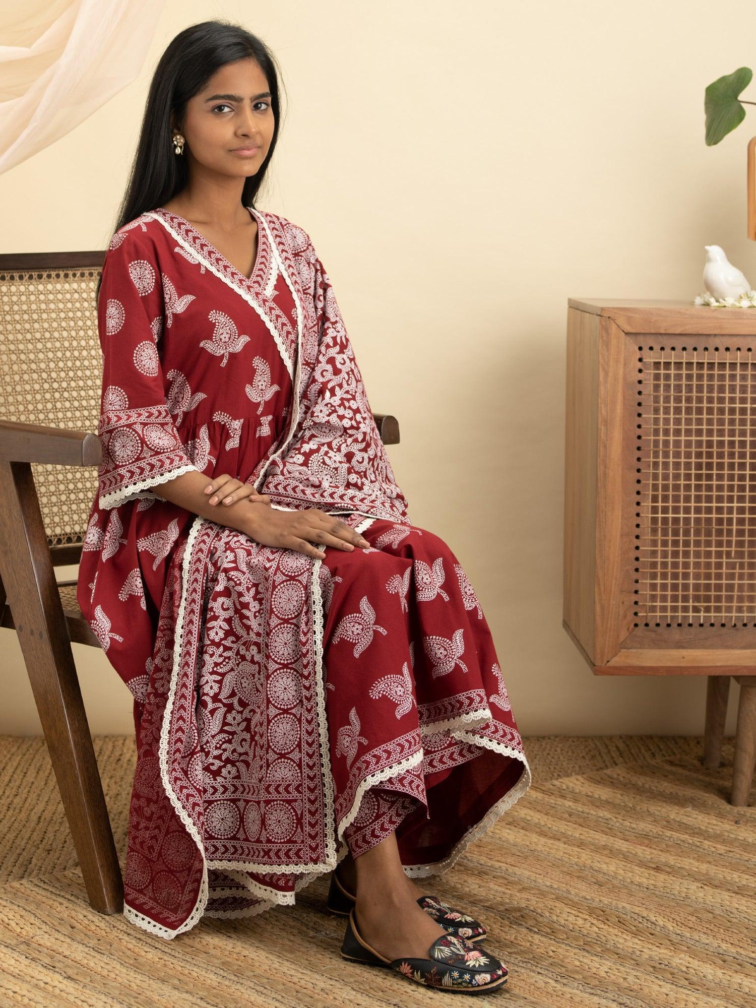 Maroon Printed Cotton Suit Set