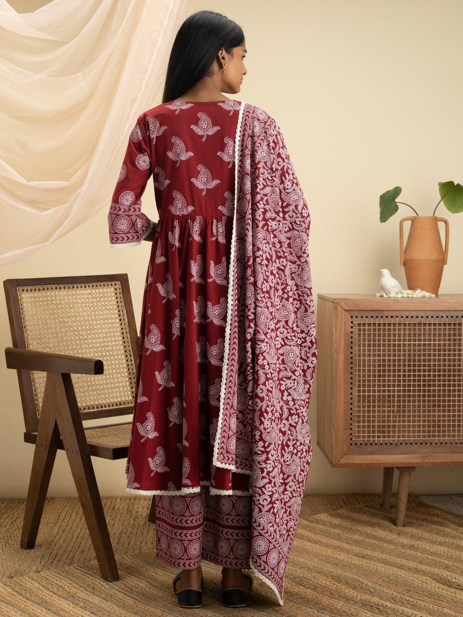 Maroon Printed Cotton Suit Set