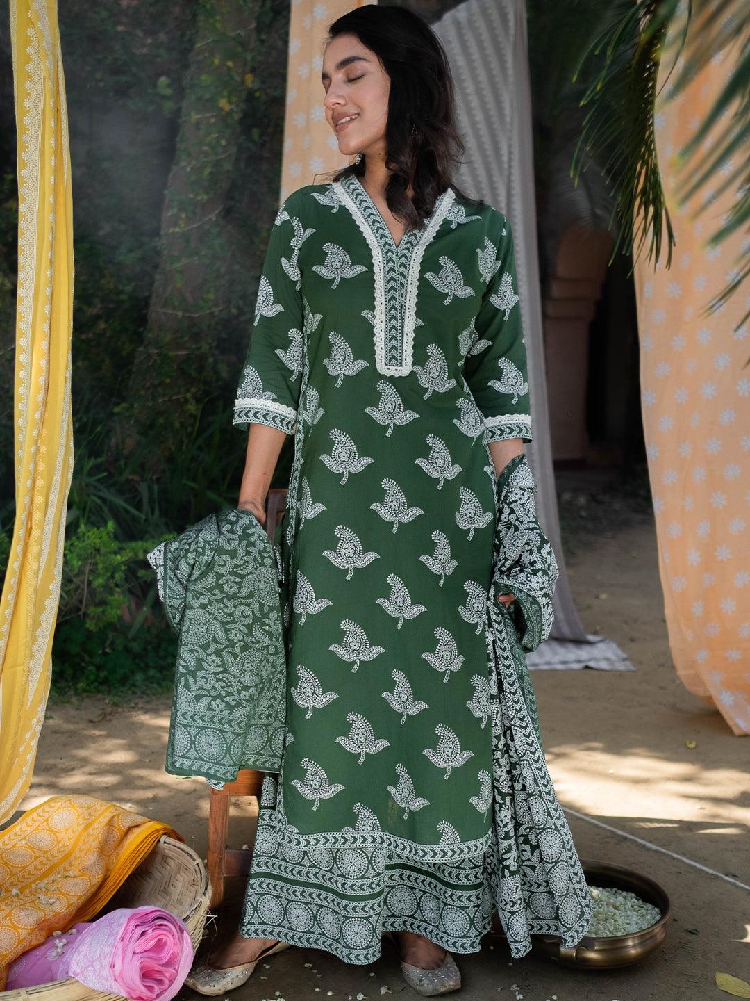 Green Printed Cotton Straight Suit Set - ShopLibas