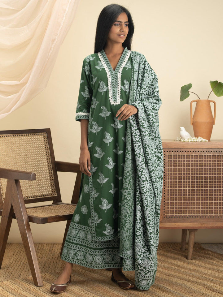 Green Printed Cotton Straight Suit Set - ShopLibas