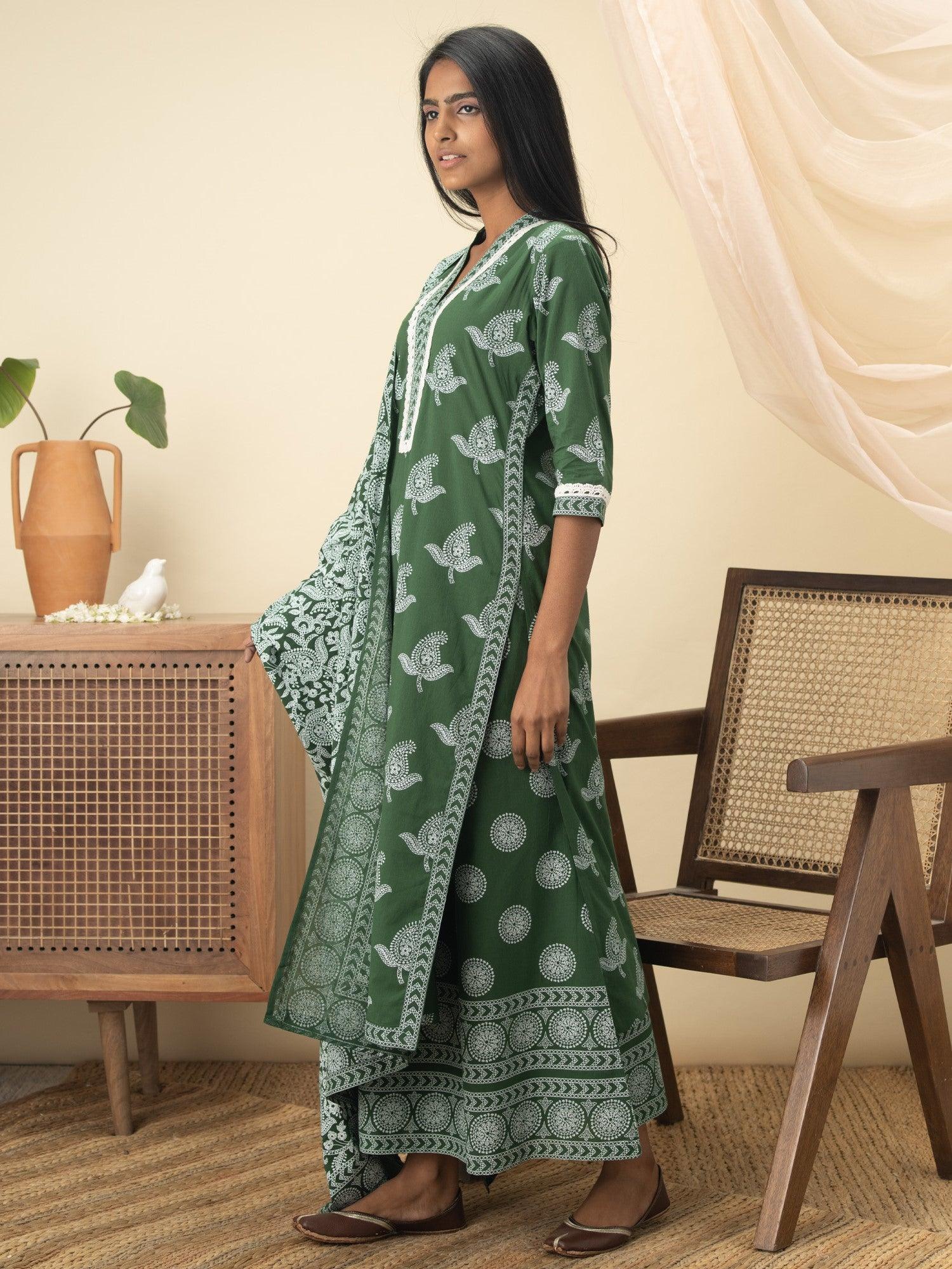 Green Printed Cotton Straight Suit Set