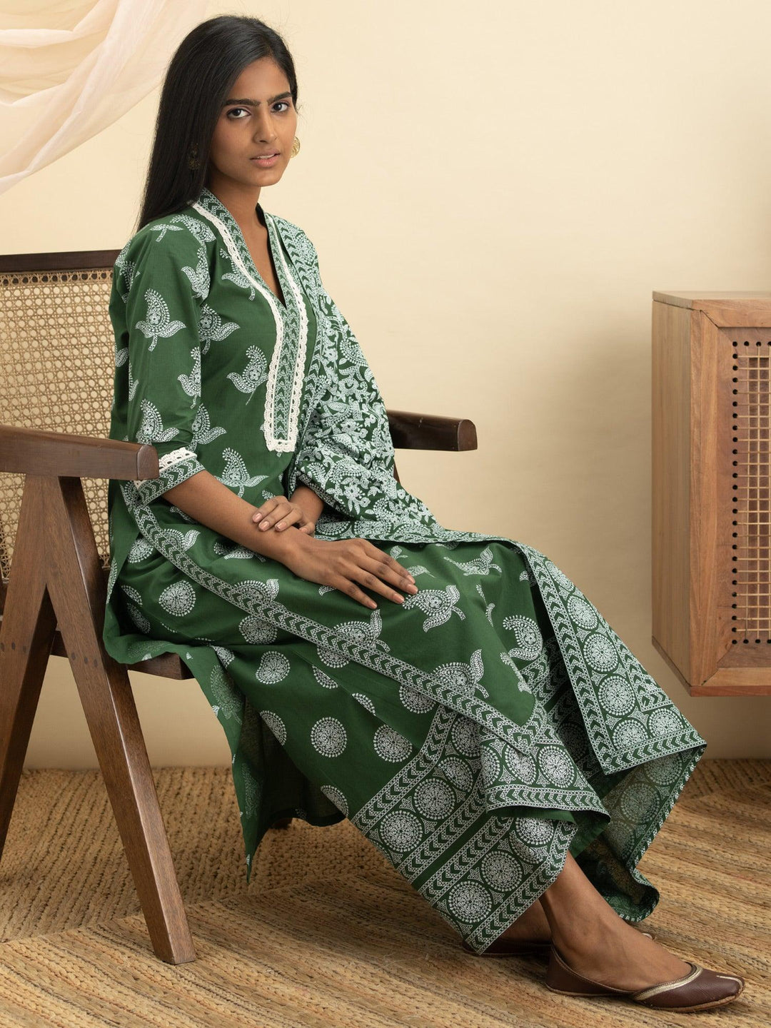 Green Printed Cotton Straight Suit Set - ShopLibas