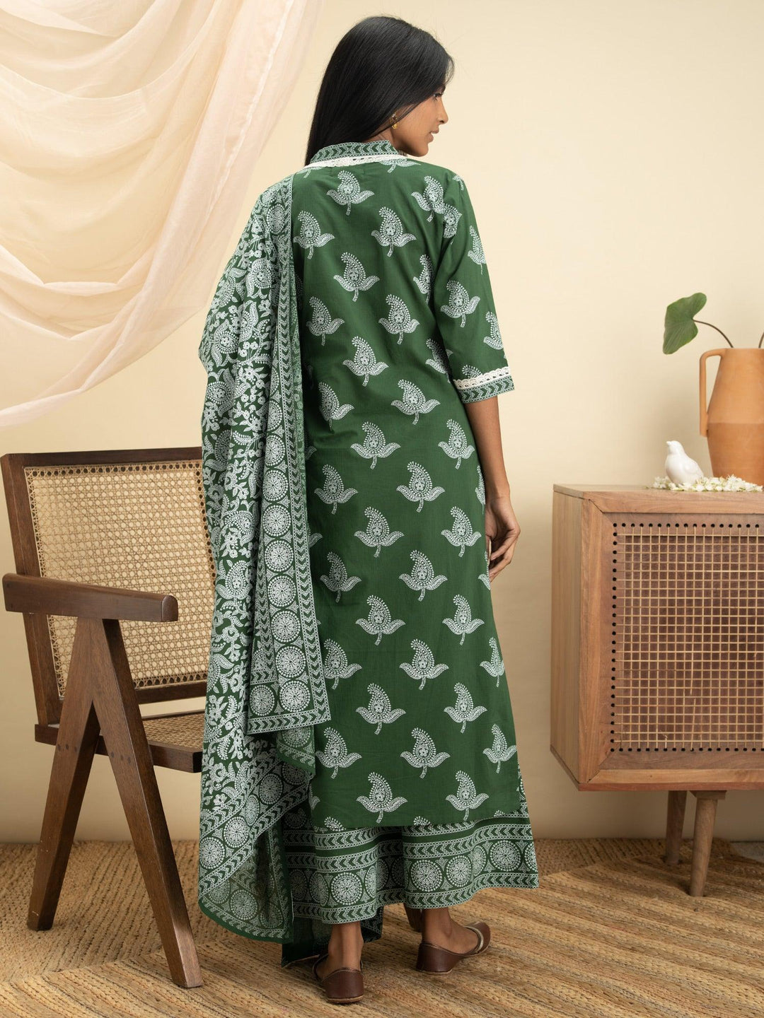 Green Printed Cotton Straight Suit Set - ShopLibas