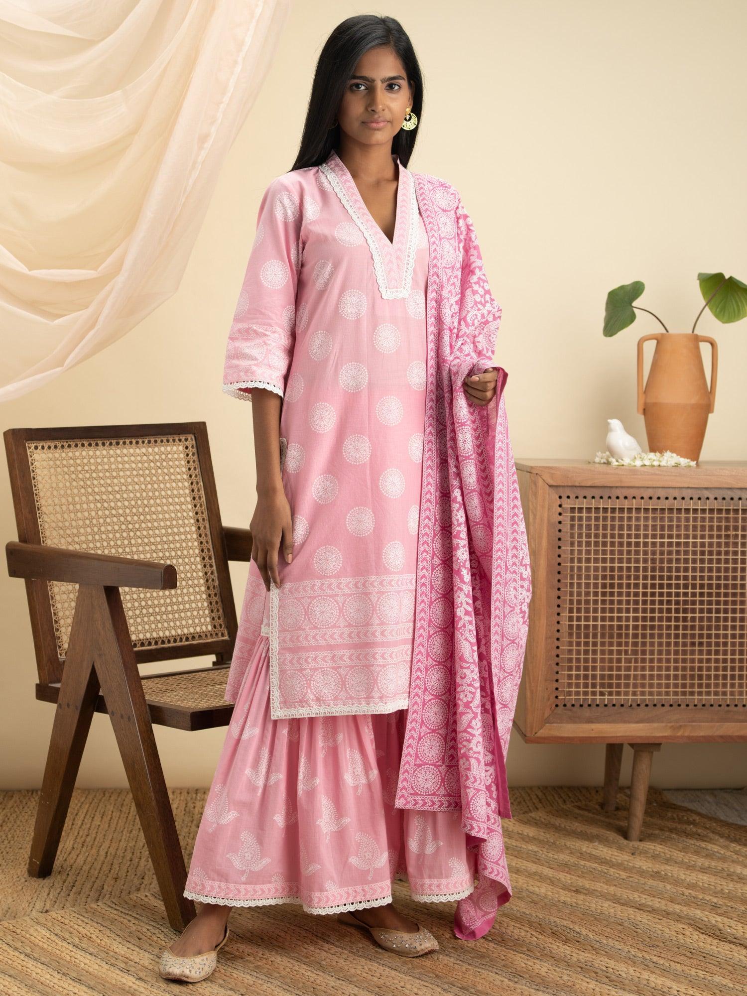 Pink Printed Cotton Straight Suit Set