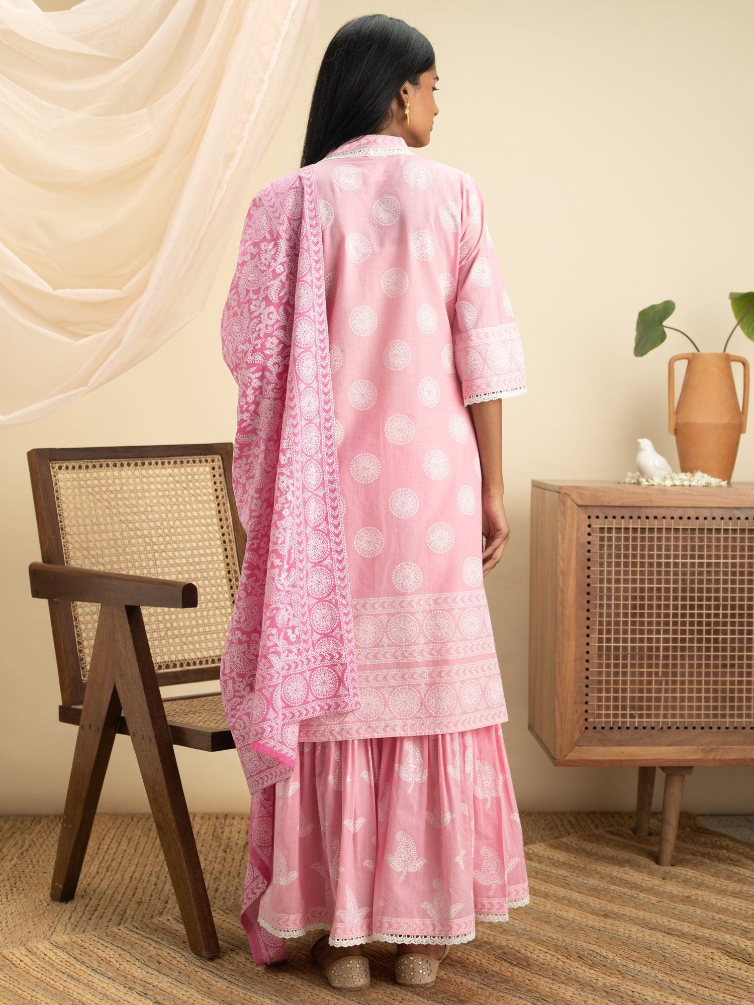 Pink Printed Cotton Straight Suit Set