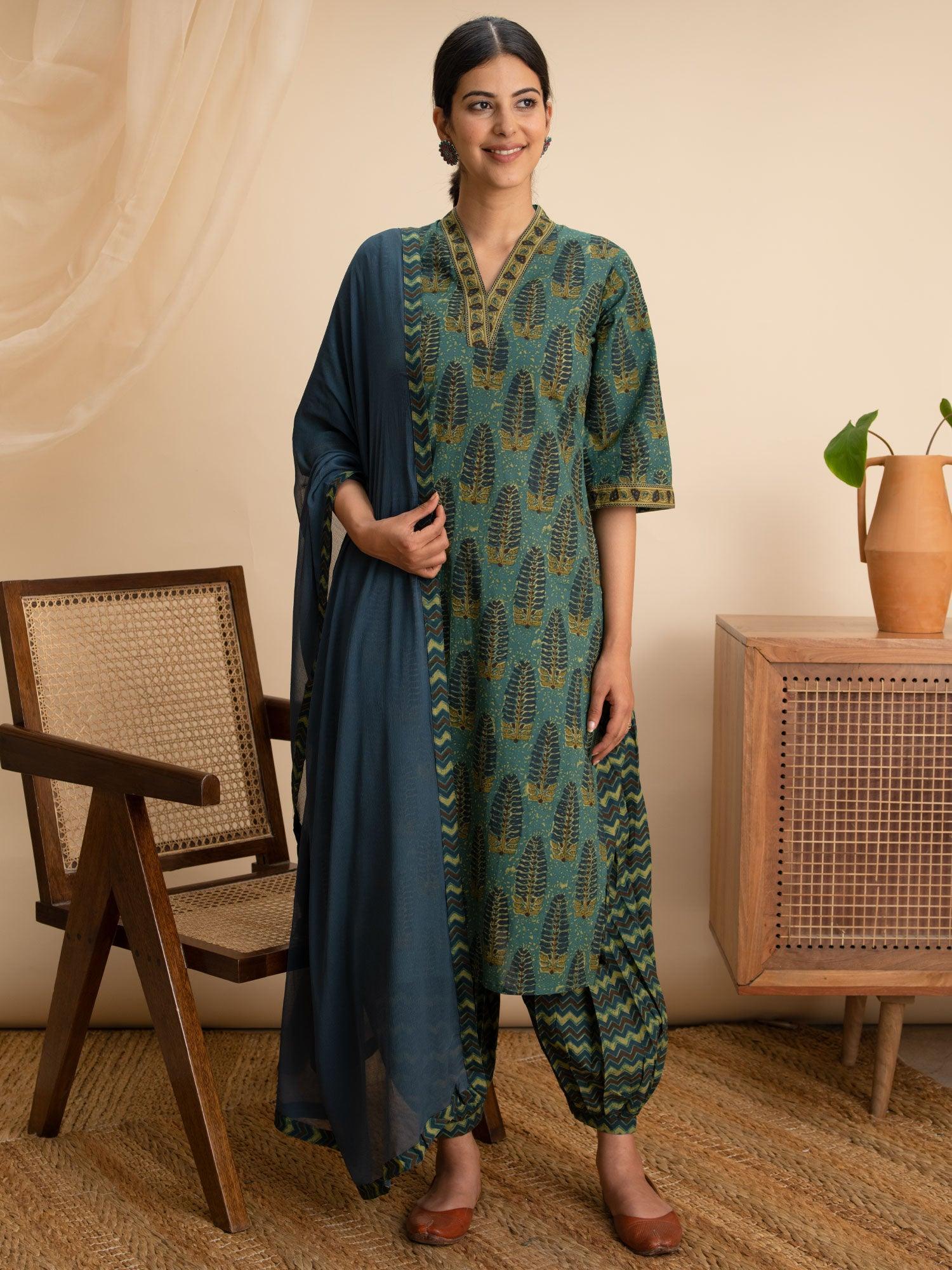 Green Printed Cotton Suit Set