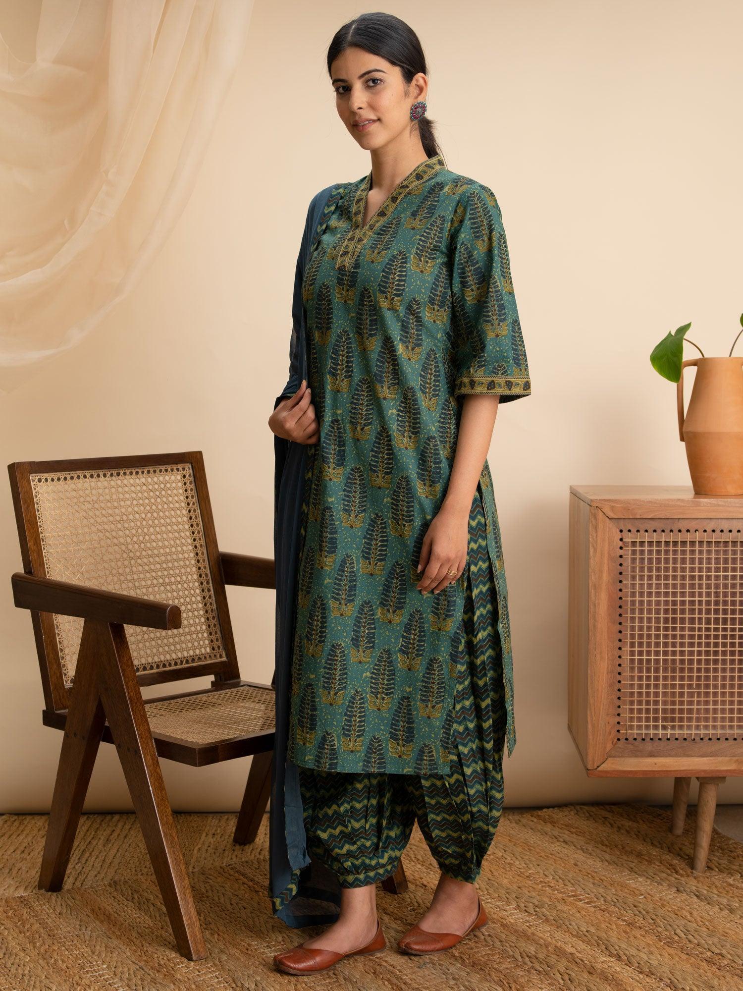 Green Printed Cotton Suit Set