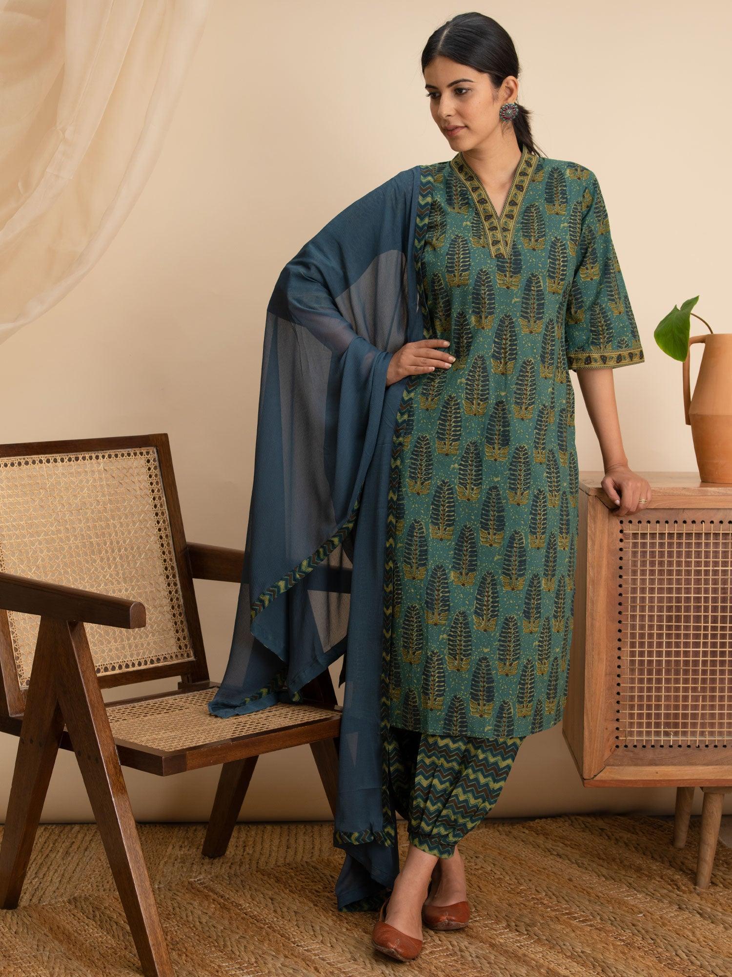 Green Printed Cotton Suit Set