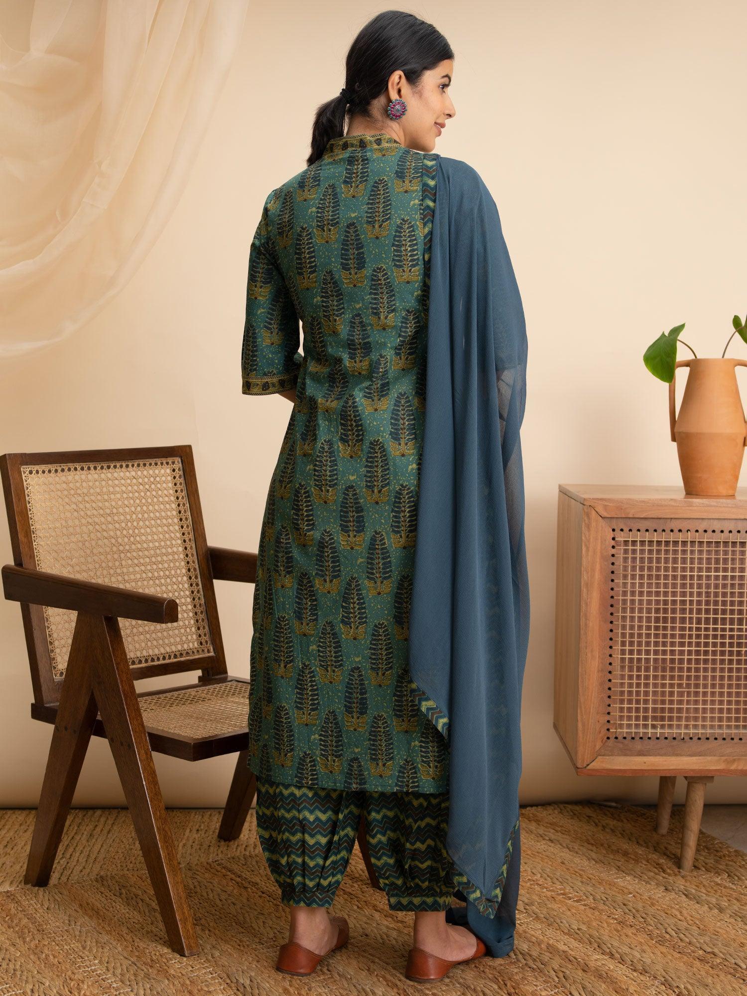 Green Printed Cotton Suit Set