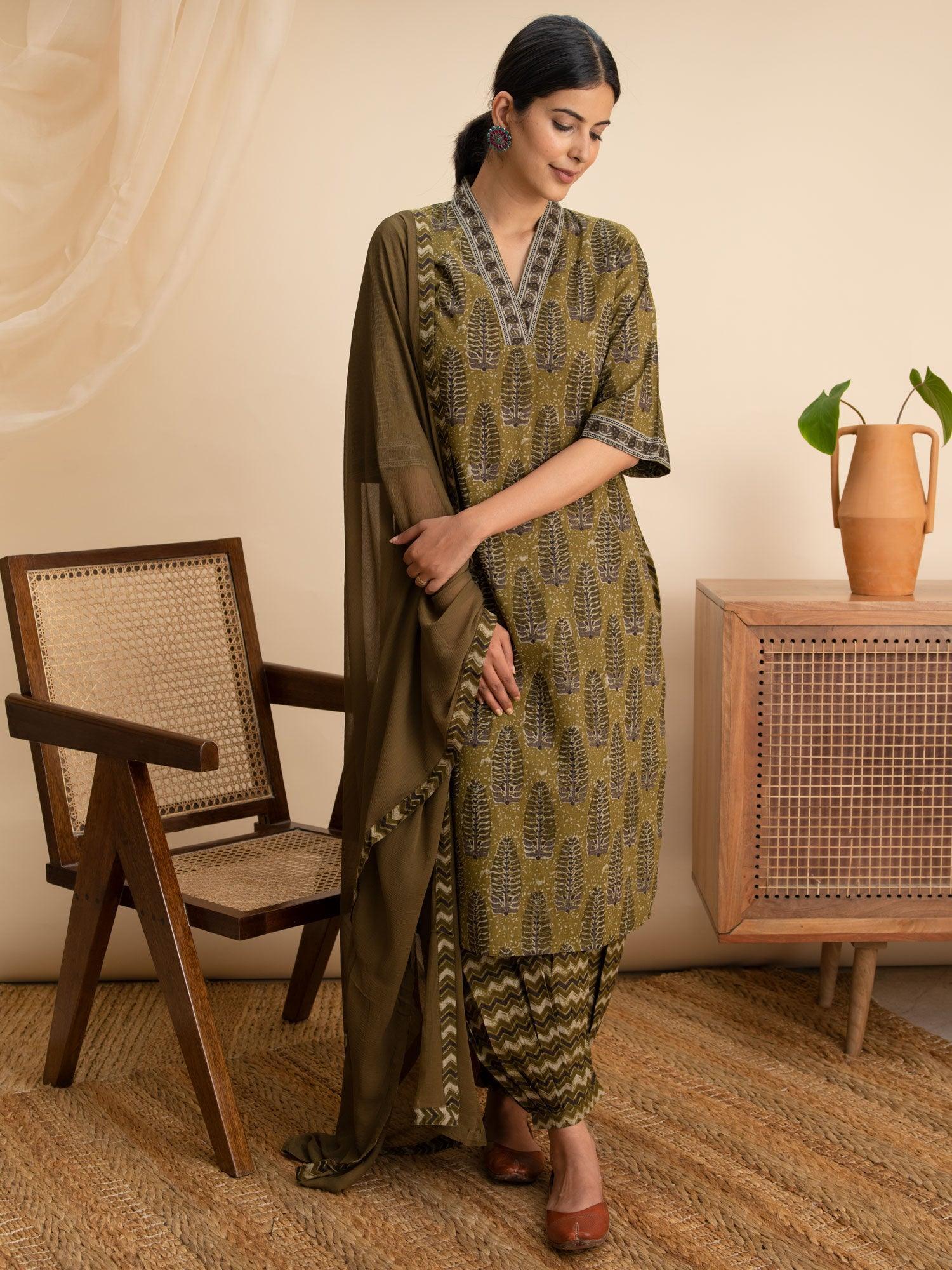 Green Printed Cotton Suit Set