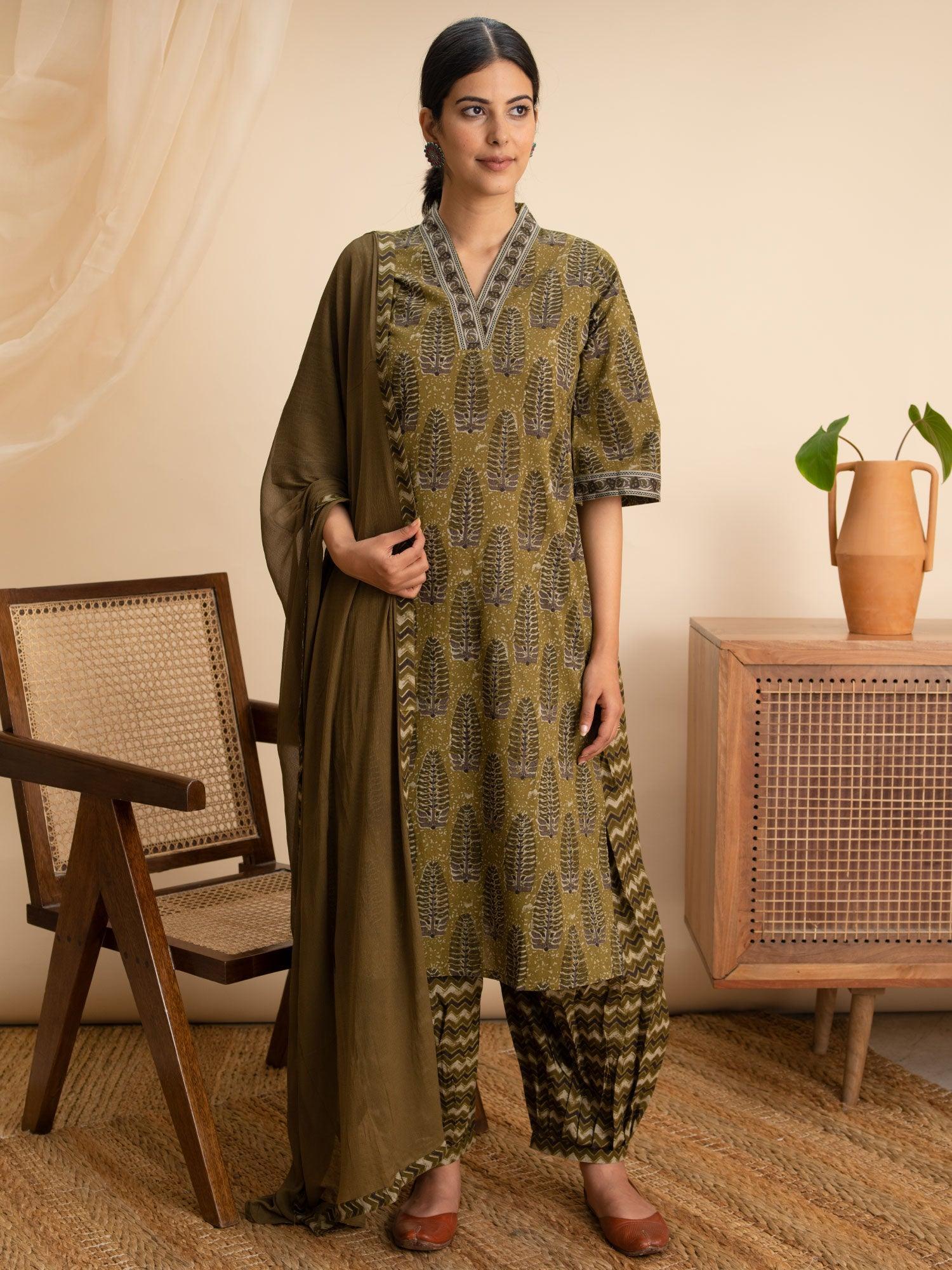 Green Printed Cotton Suit Set