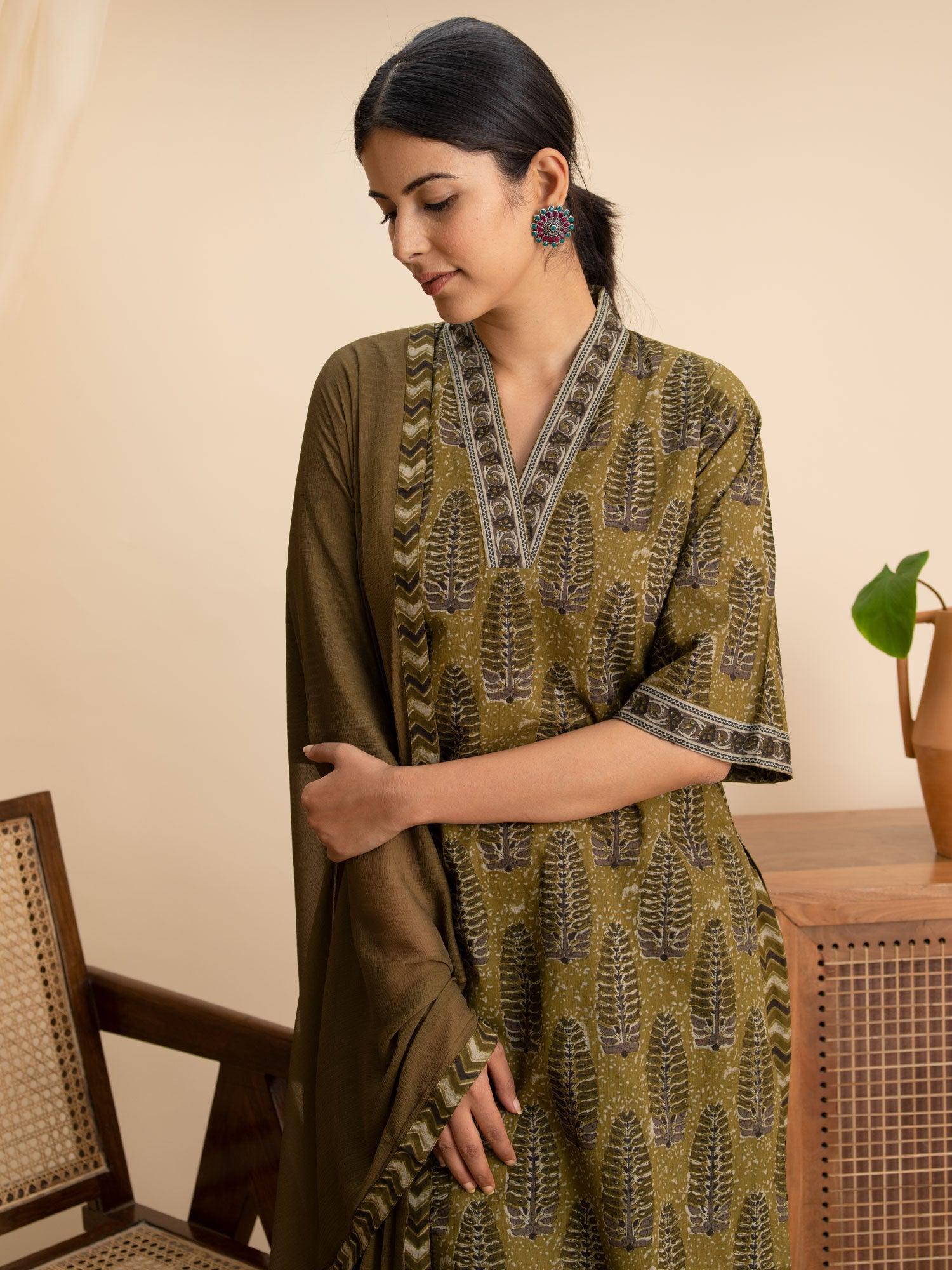 Green Printed Cotton Suit Set