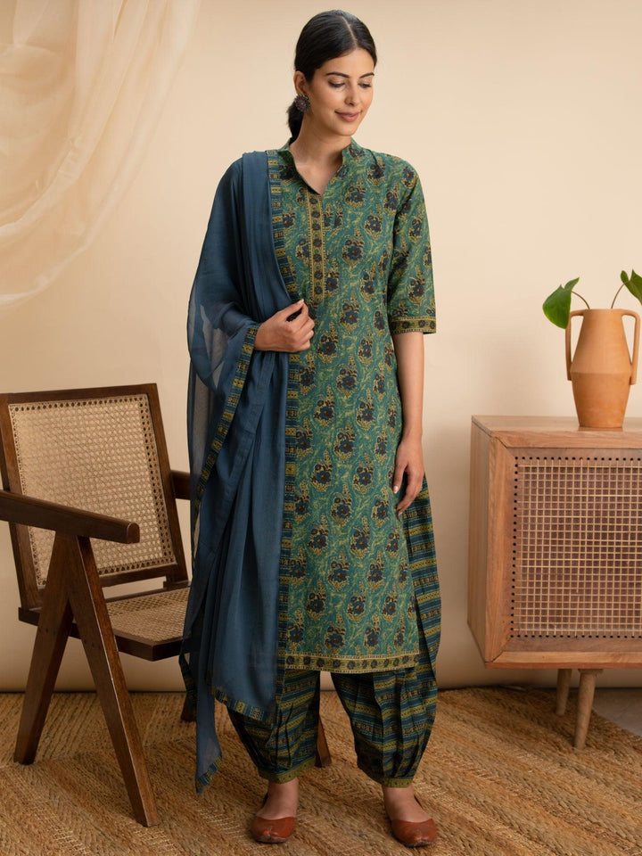 Green Printed Cotton Suit Set - ShopLibas