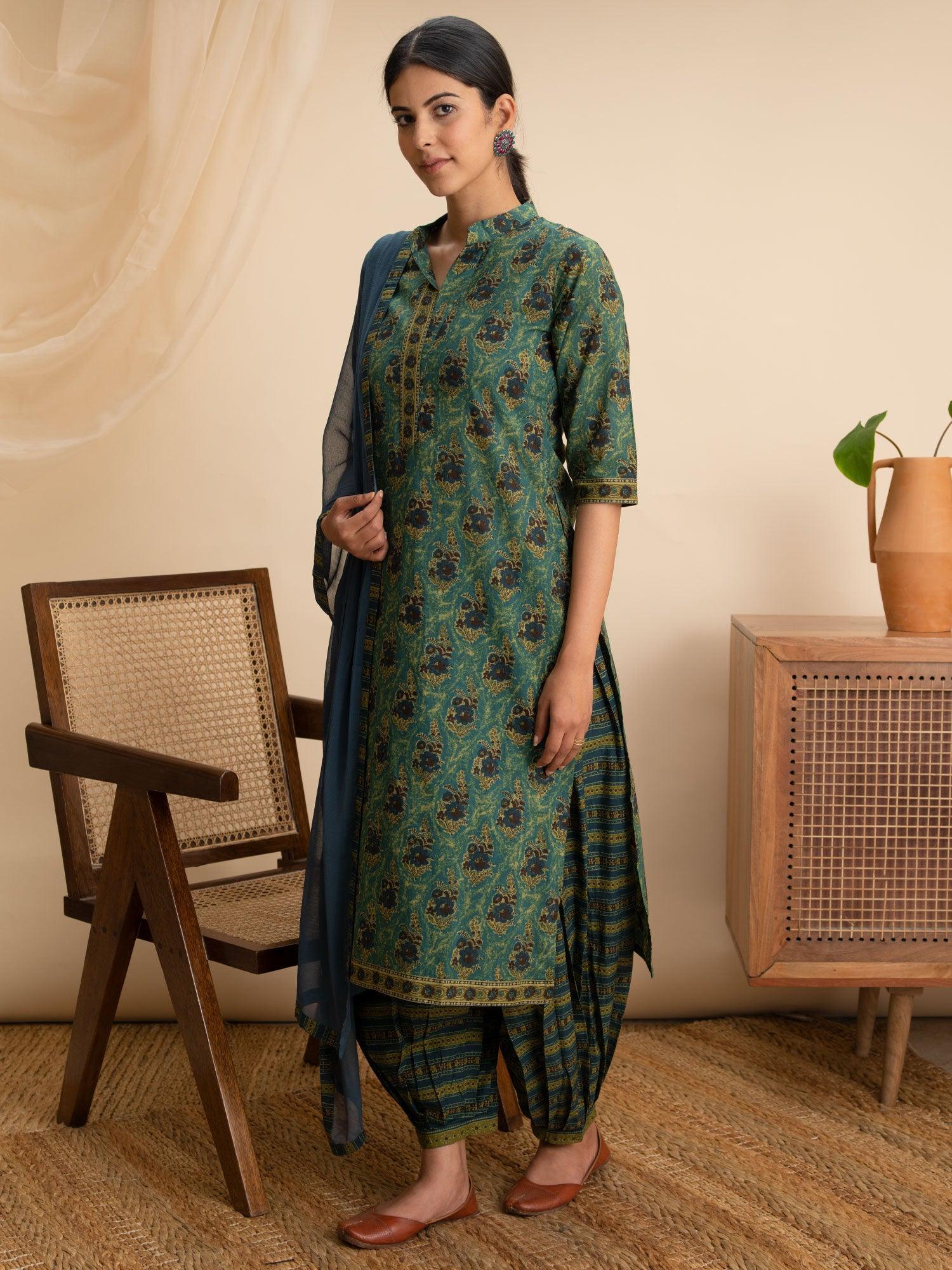 Green Printed Cotton Suit Set