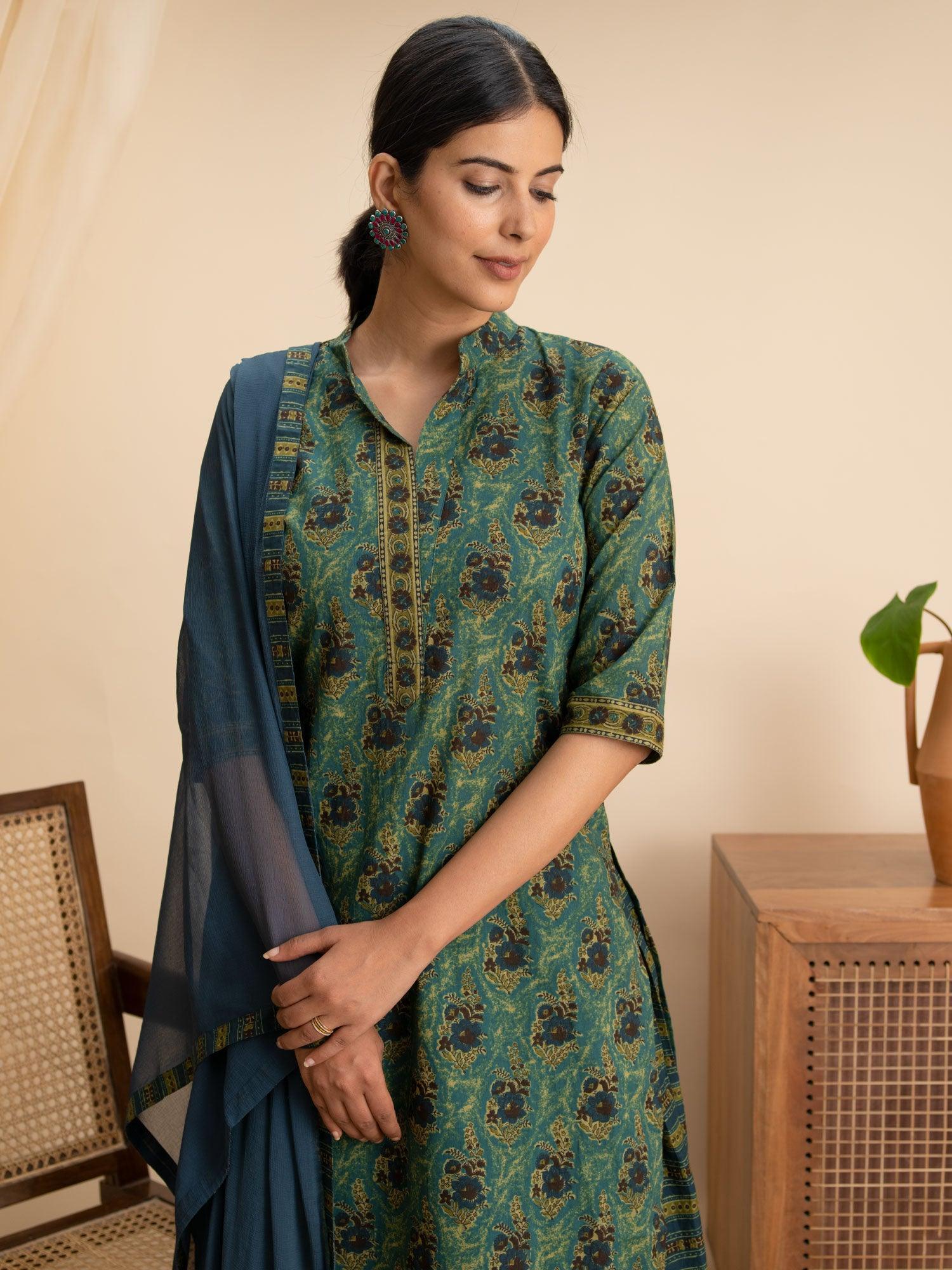 Green Printed Cotton Suit Set