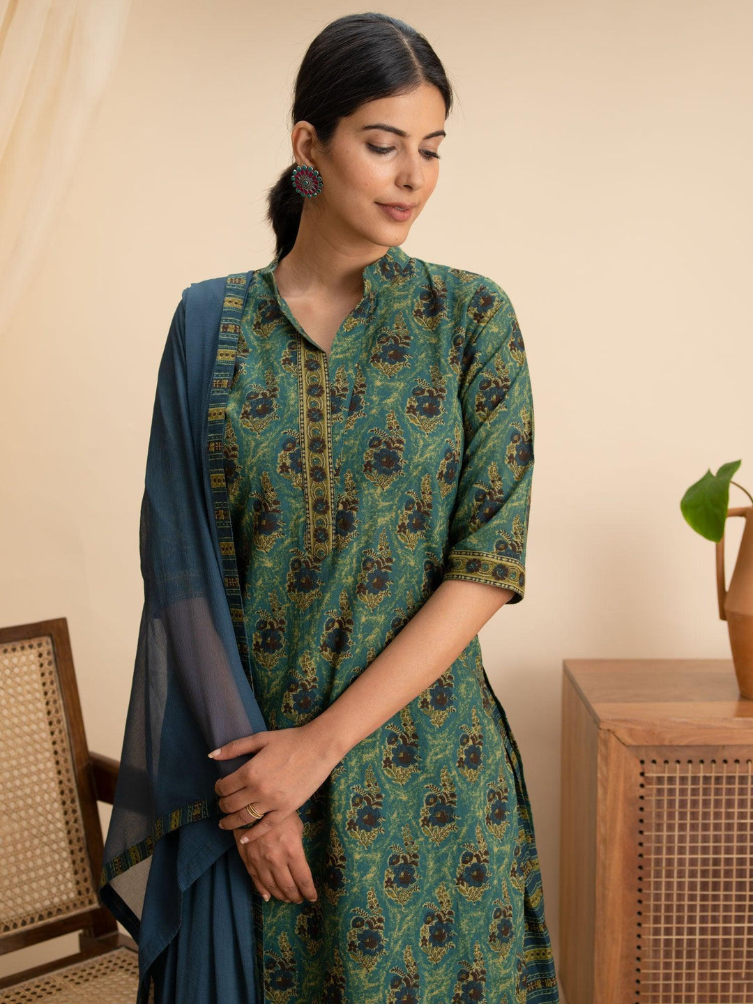 Green Printed Cotton Suit Set - ShopLibas