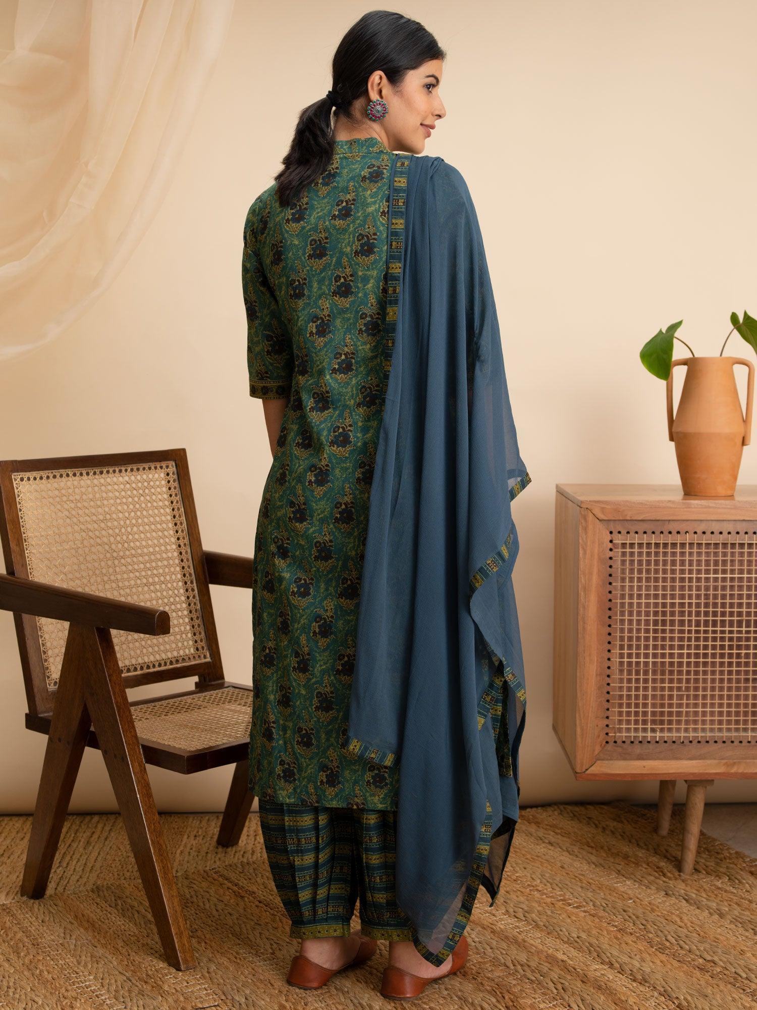 Green Printed Cotton Suit Set