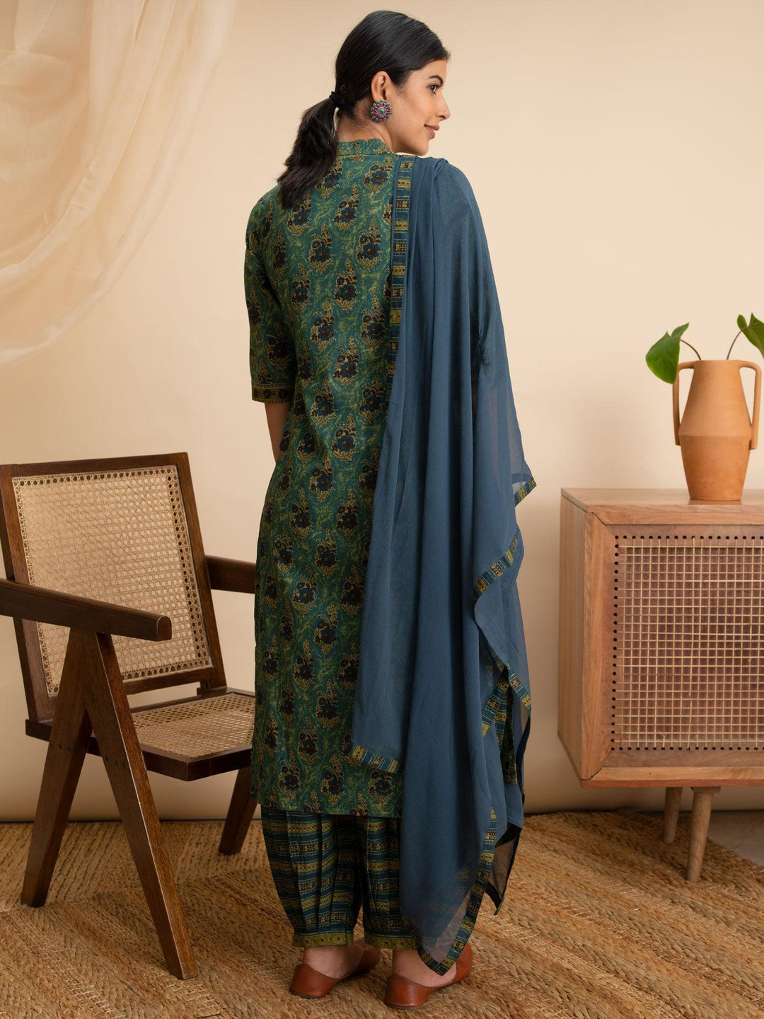 Green Printed Cotton Suit Set - ShopLibas