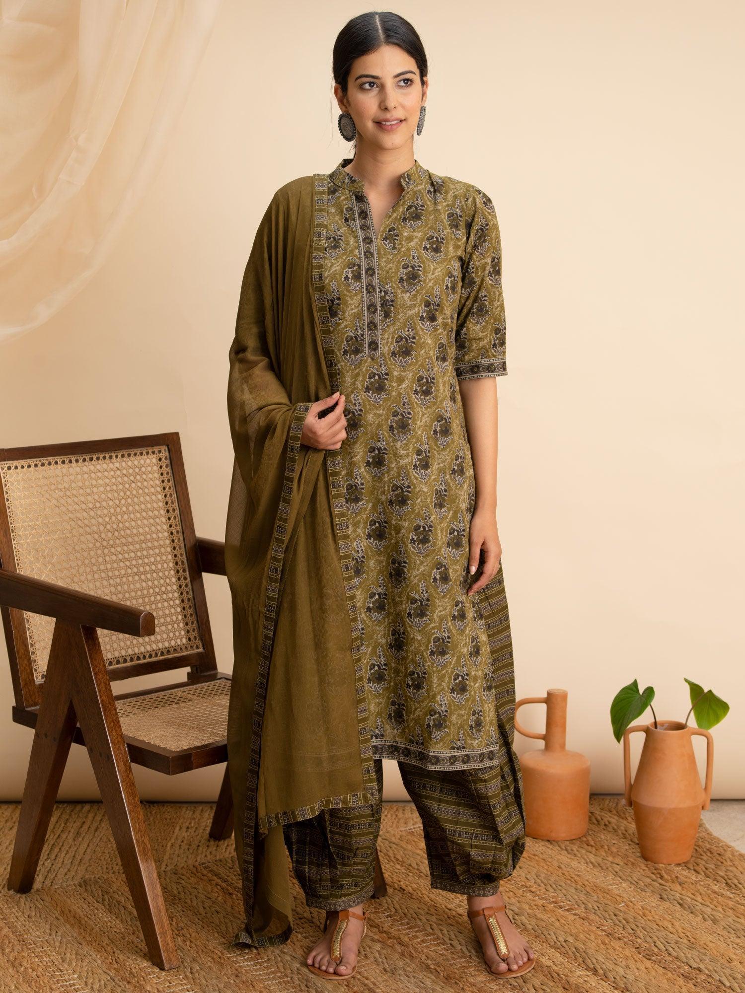 Green Printed Cotton Suit Set