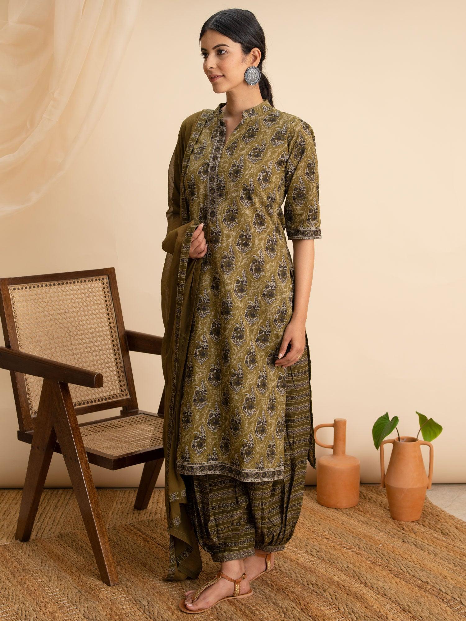 Green Printed Cotton Suit Set