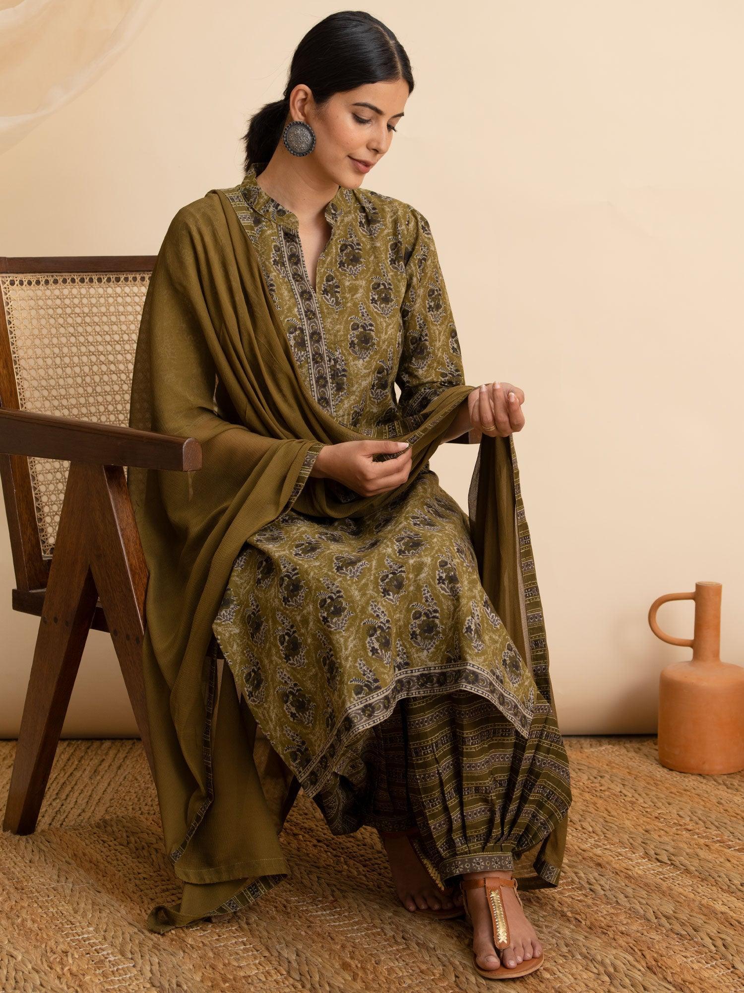 Green Printed Cotton Suit Set