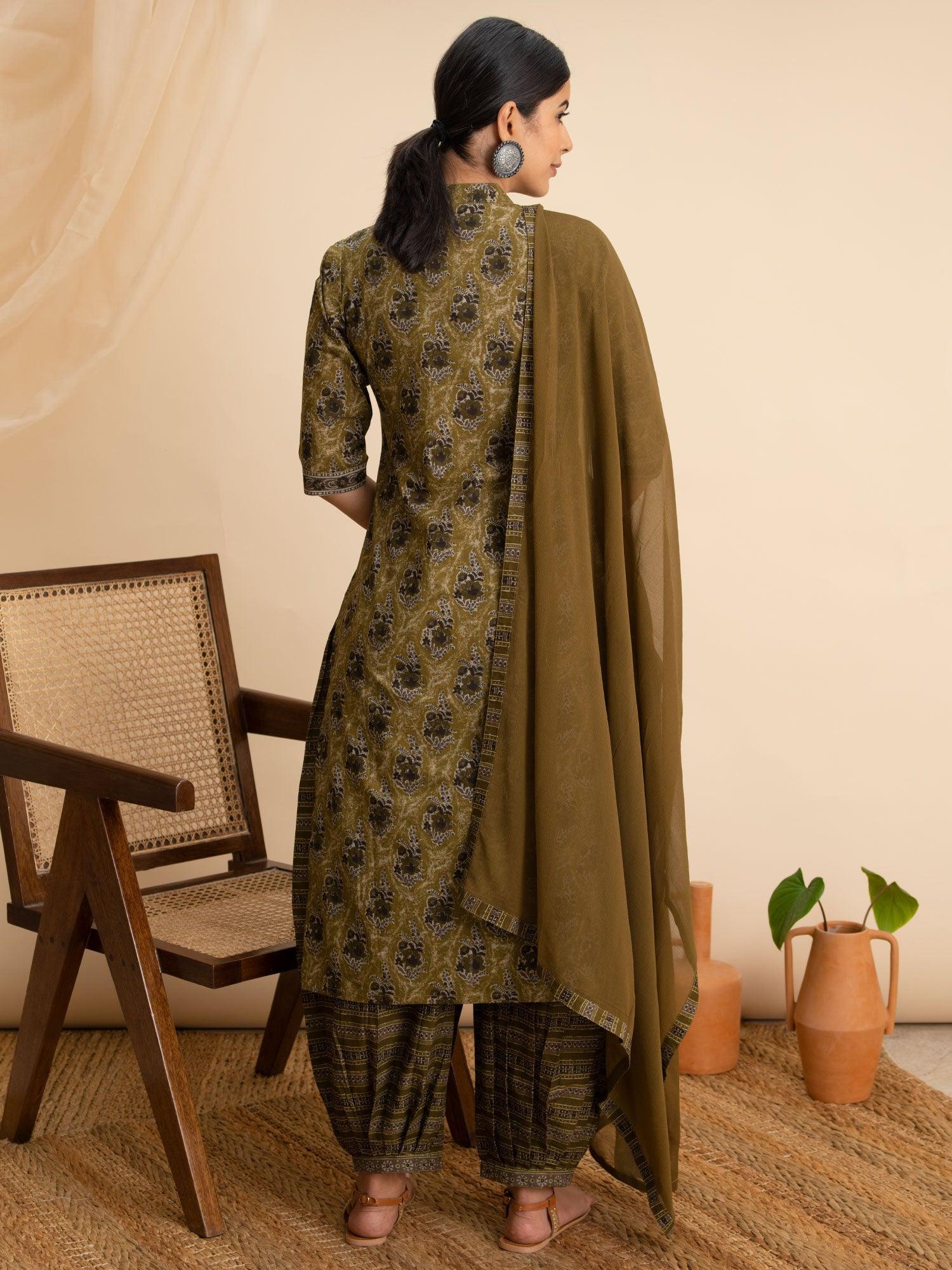 Green Printed Cotton Suit Set