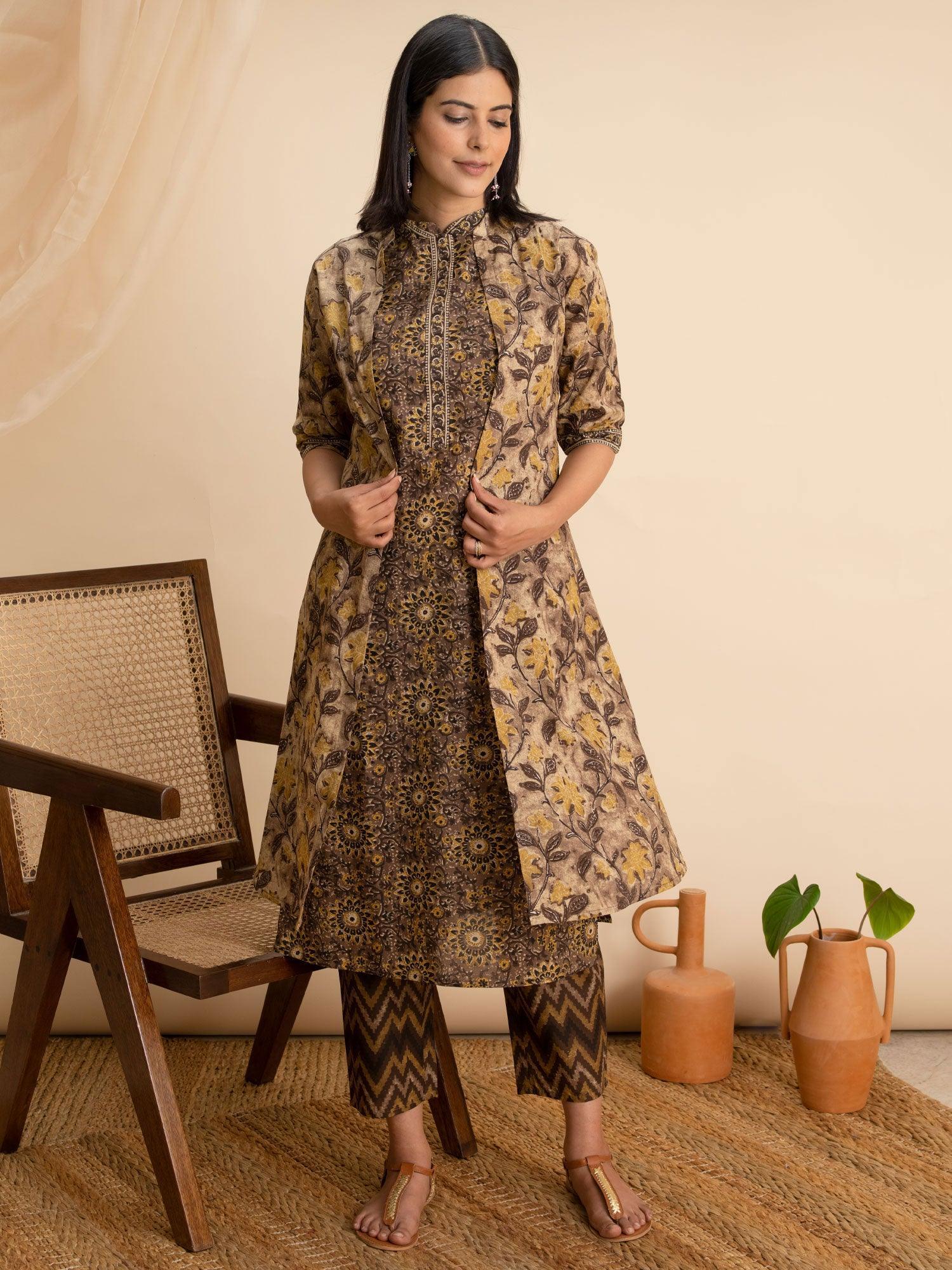 Brown Printed Cotton Kurta Set With Shrug