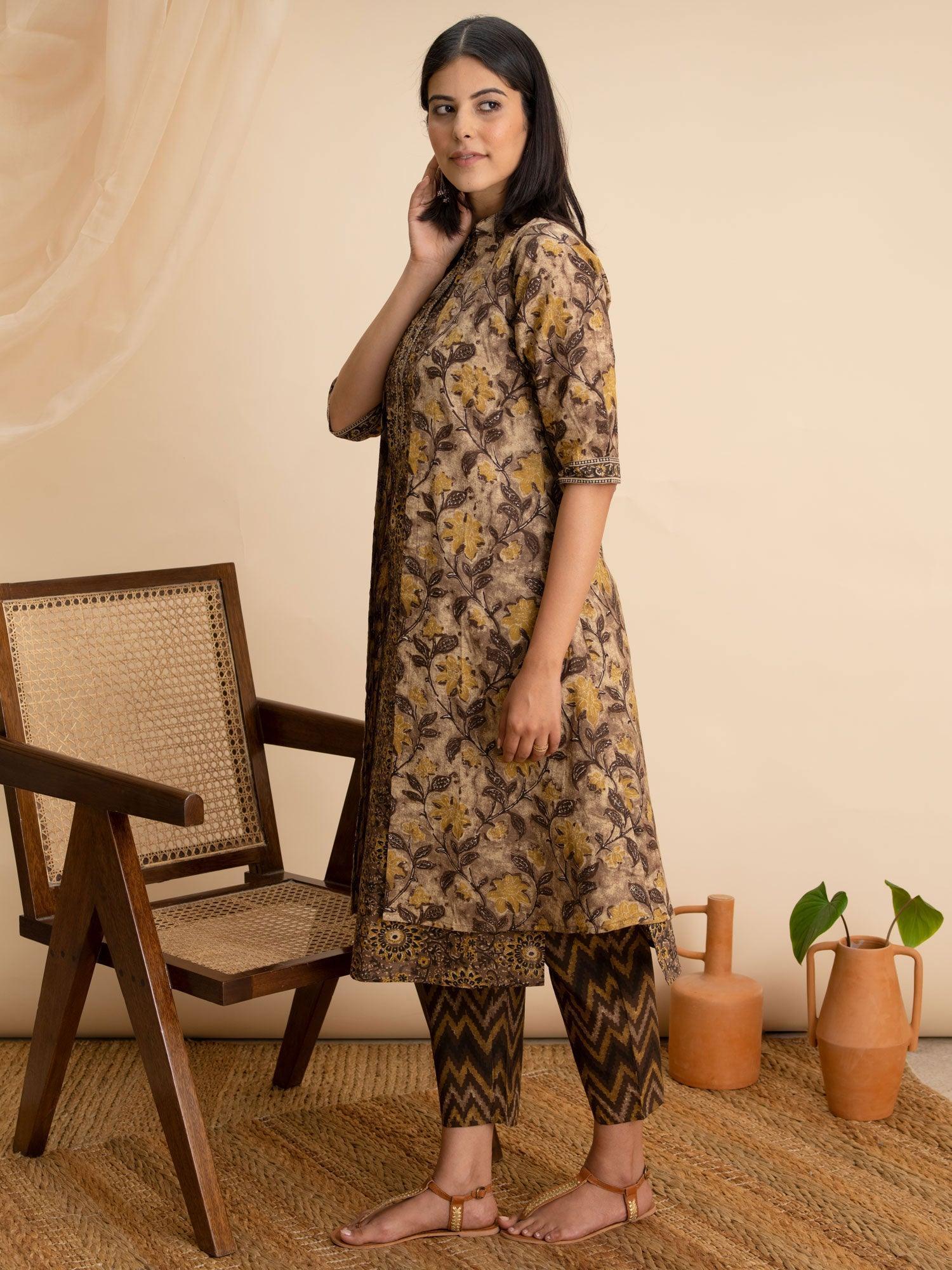 Brown Printed Cotton Kurta Set With Shrug