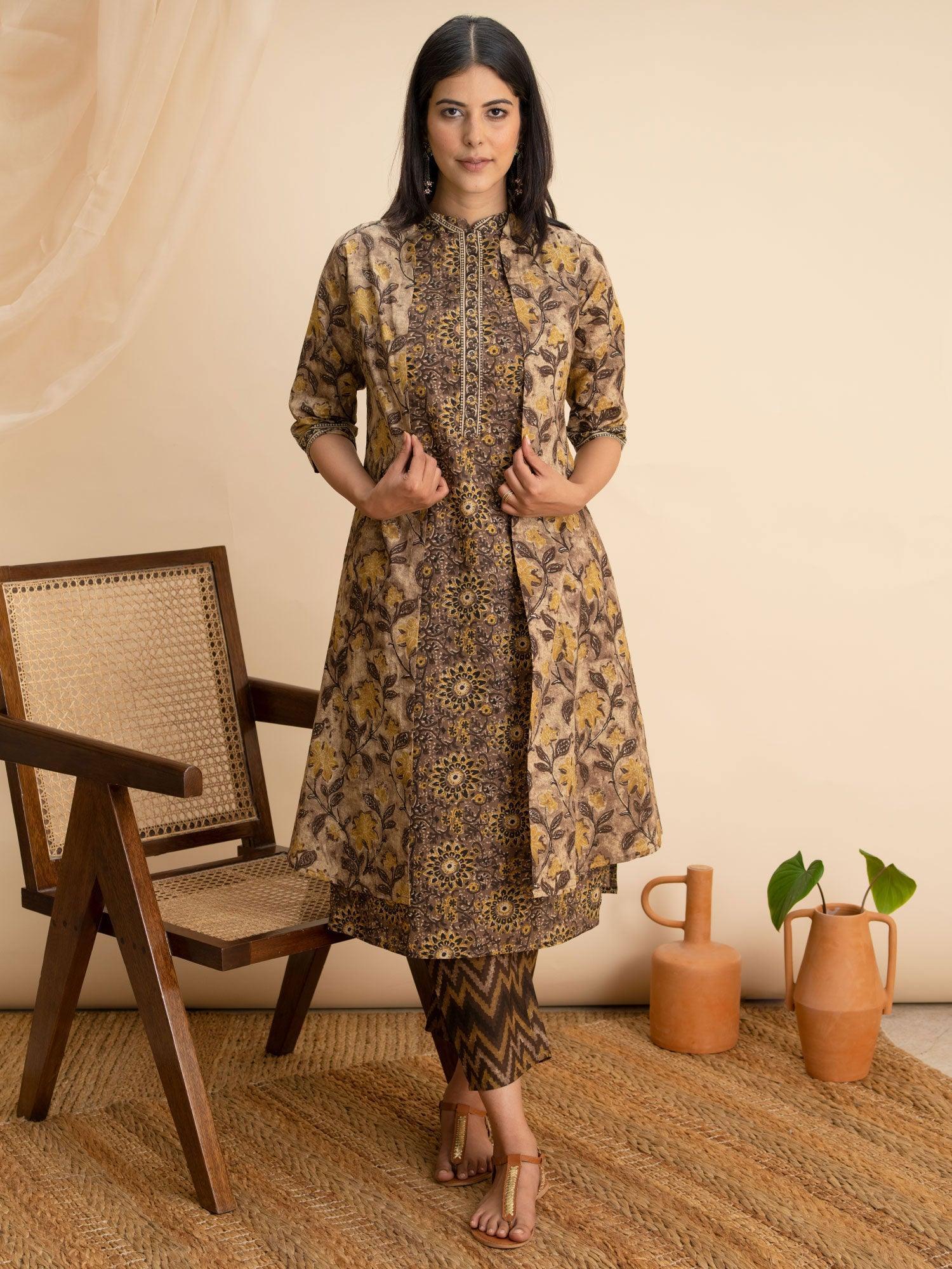 Brown Printed Cotton Kurta Set With Shrug