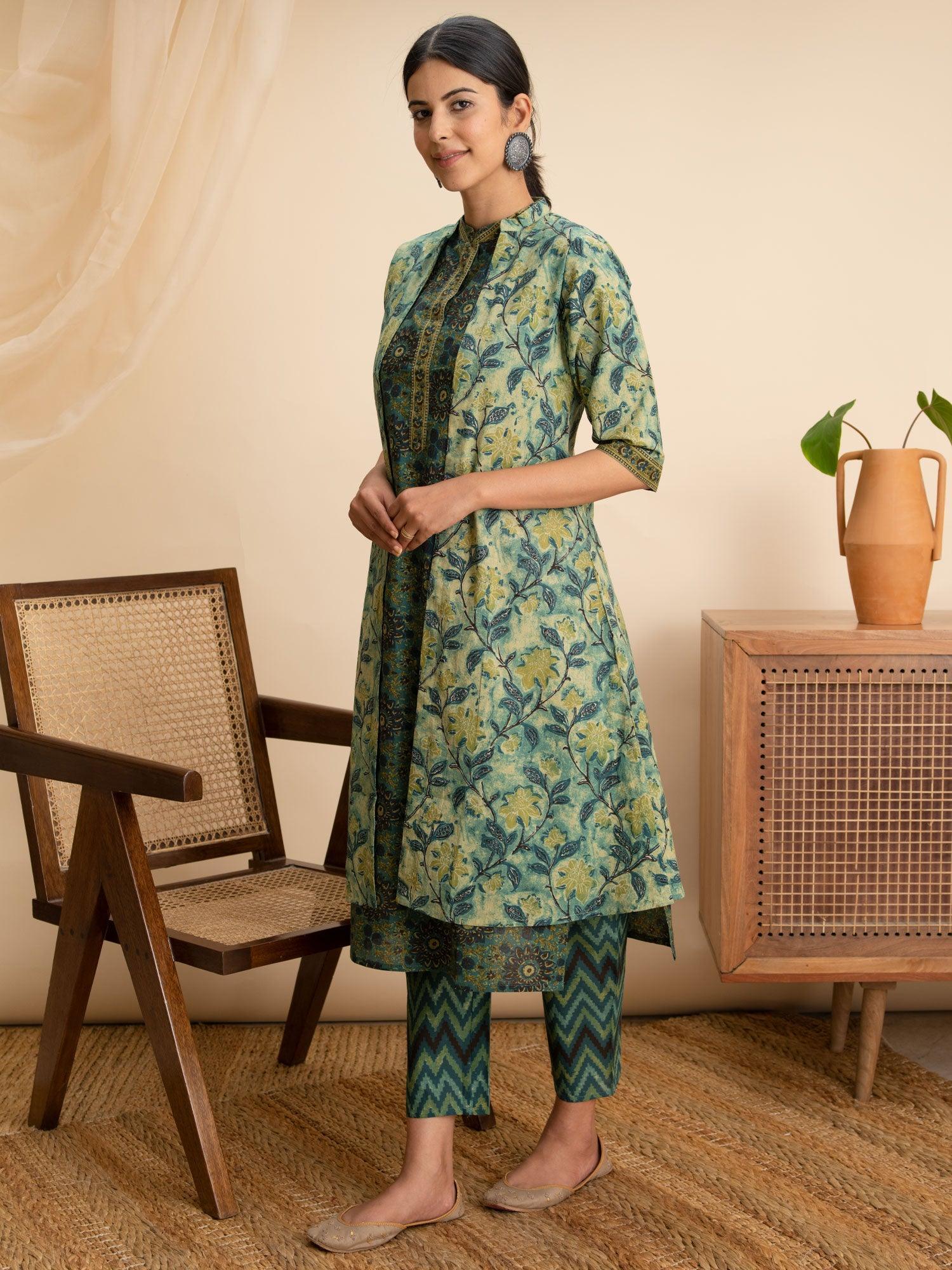 Green Printed Cotton Kurta Set With Shrug