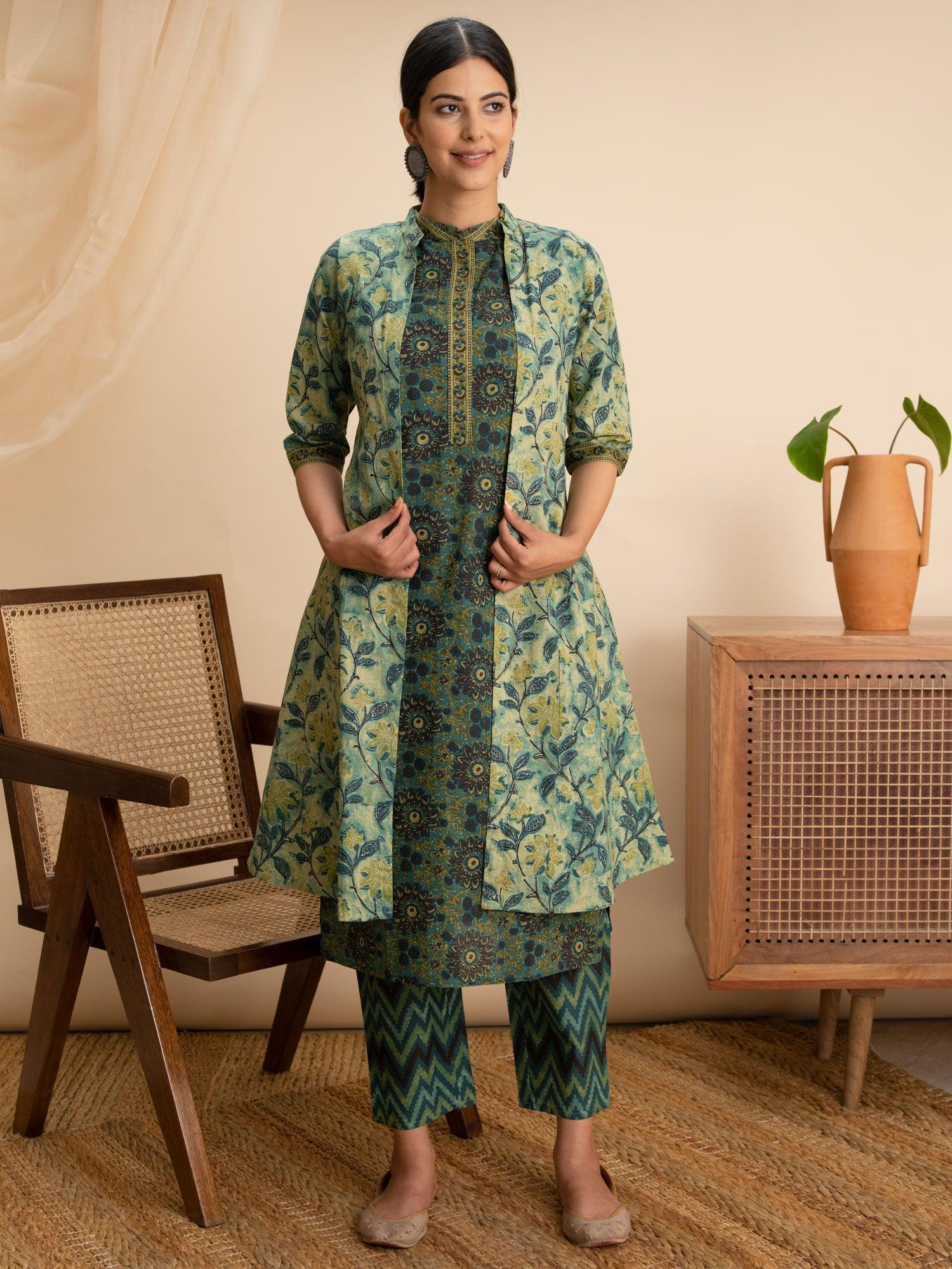 Green Printed Cotton Kurta Set With Shrug