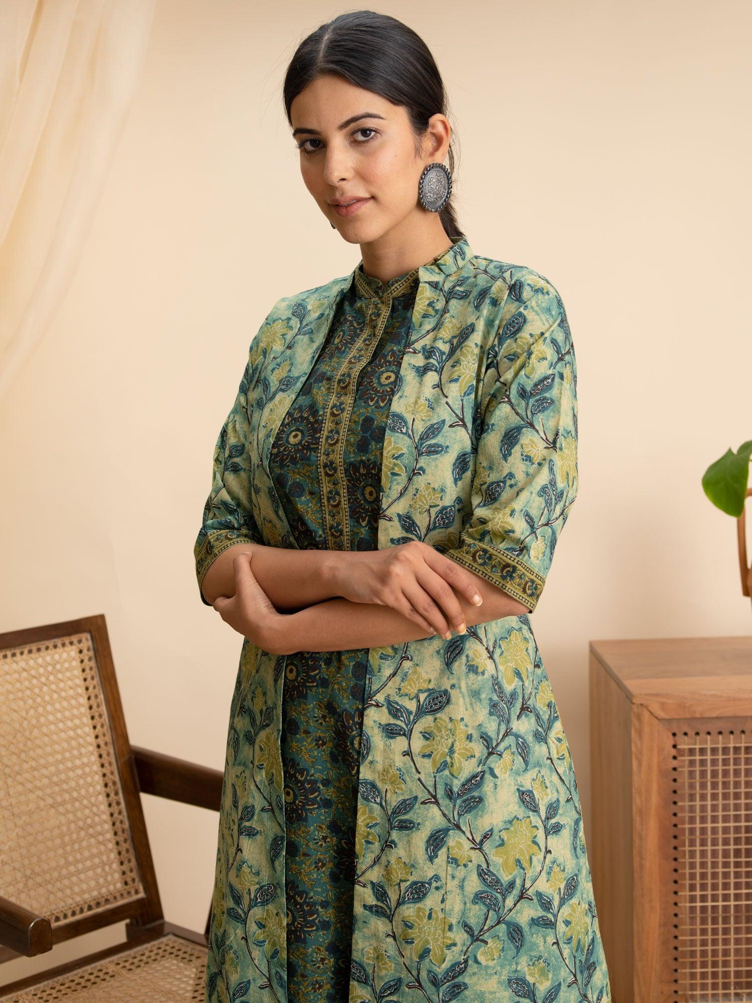 Green Printed Cotton Kurta Set With Shrug