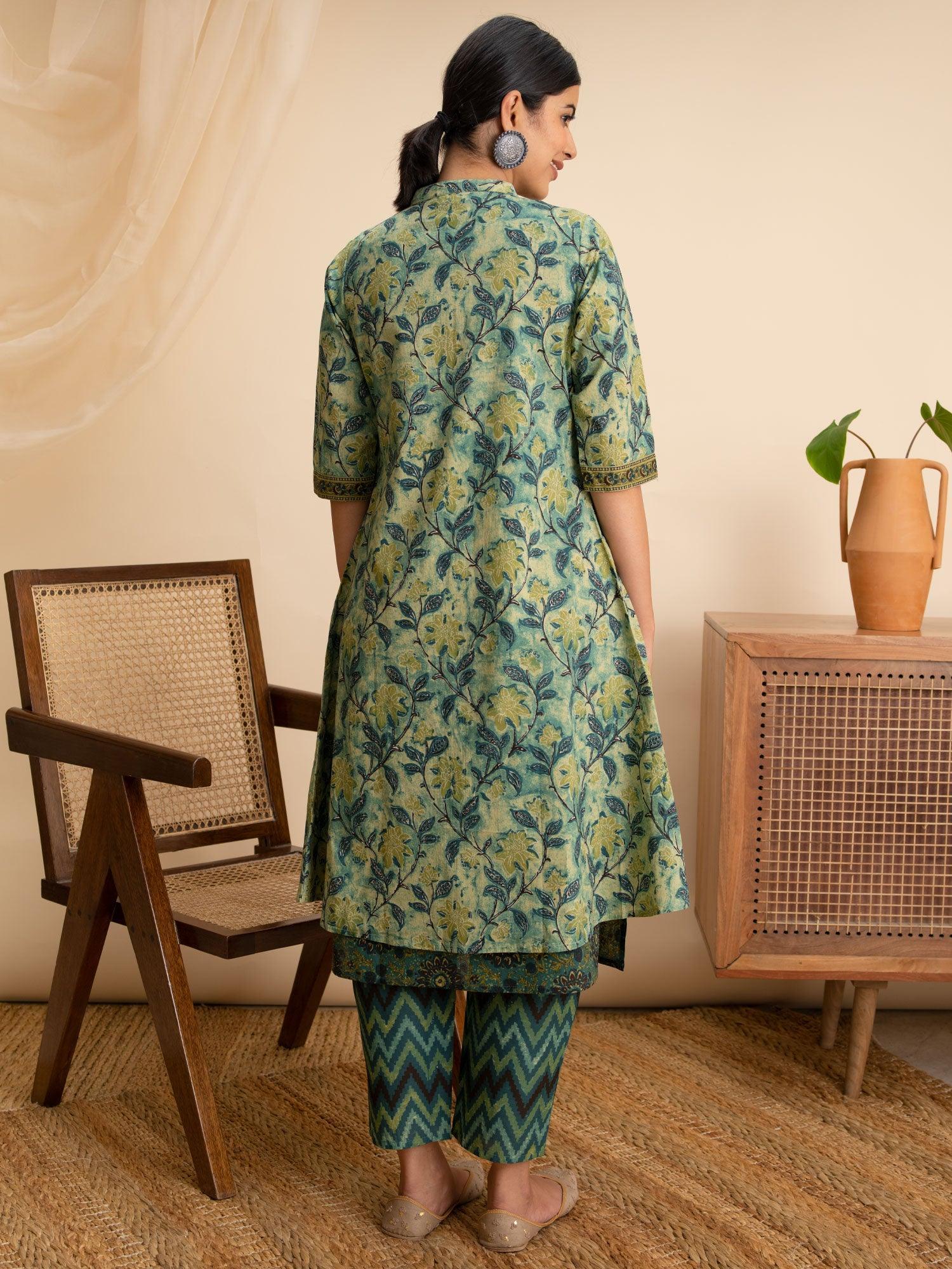 Green Printed Cotton Kurta Set With Shrug